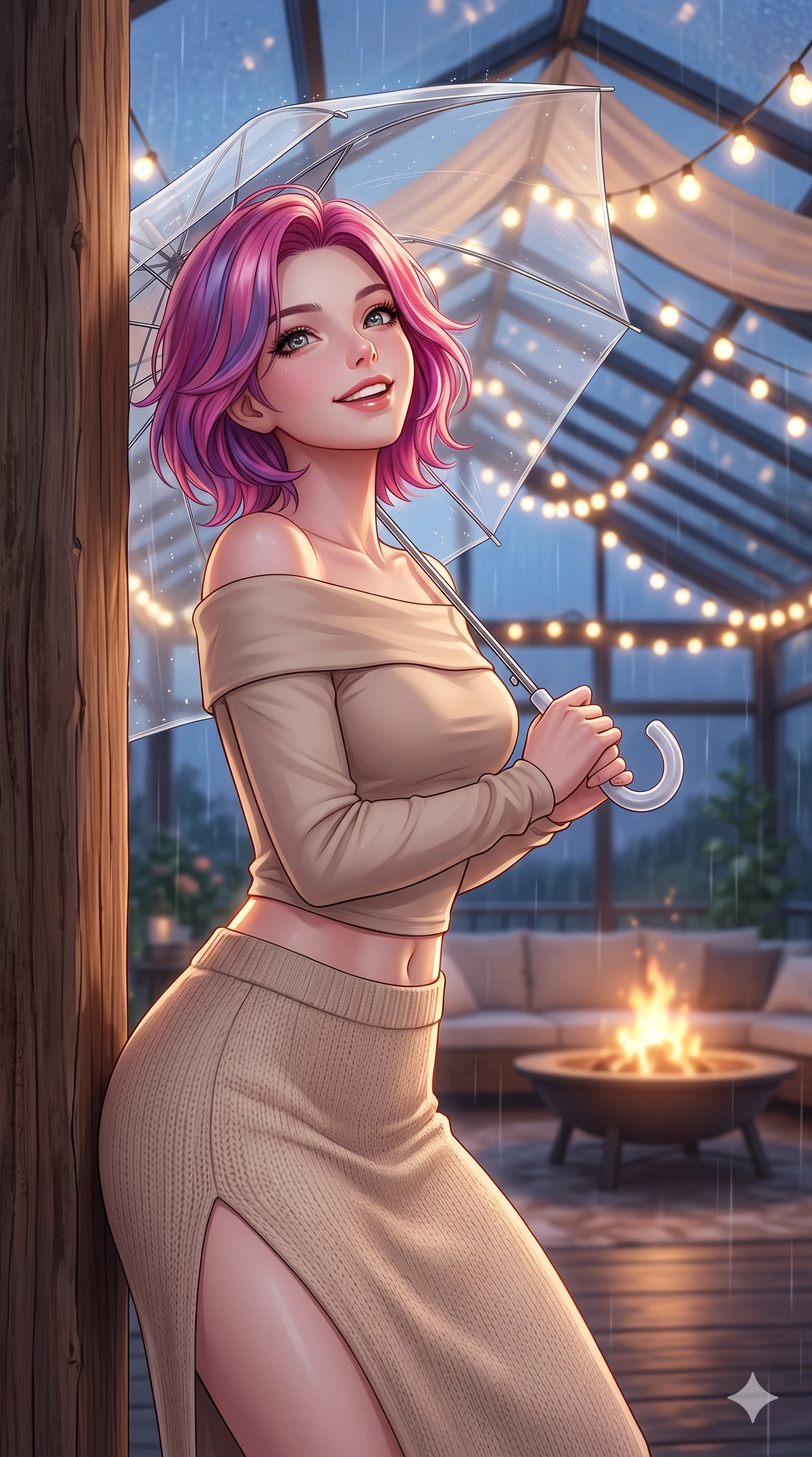 score_9, masterpiece, best quality, ultra-detailed, high-budget anime keyframe, vibrant anime aesthetic, Caucasian woman, strictly human ears. close-up cowboy shot from the waist and thighs up, the character dominates the composition, filling the frame with her large presence, background elements kept in soft focus. She is holding a clear umbrella, looking up with a bright, joyful expression, gazing warmly at the viewer leaning against a rustic wooden column. the background shows a soft-focus private terrace with a warm outdoor fire pit, under a translucent canopy during a cool rain shower (Code-P22-107). She has an absolutely perfect proportion, an exceptionally elegant and slender female figure with an ultra-slim waist. V-shaped jawline, high-bridge nose, intricate jewel-like eyes with depth, thick eyelashes, glossy lips with a natural sheen. wearing an off-shoulder long-sleeve shirt and a high-slit knit skirt in soft beige. She is lit by warm, glowing fairy lights strung across the glass conservatory roof, casting clean highlights that trace her slim waist during the twilight rain. 2k, ultra detail, master piece, 9:16 ratio