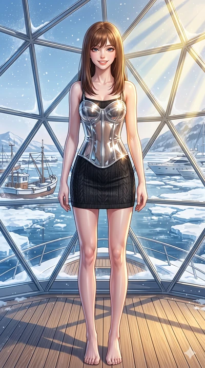 score_9, masterpiece, best quality, ultra-detailed, high-budget anime keyframe, vibrant anime aesthetic, Korean woman. cowboy shot from the thighs up, character and outfit filling the frame for maximum presence. She is standing proud under the glass 