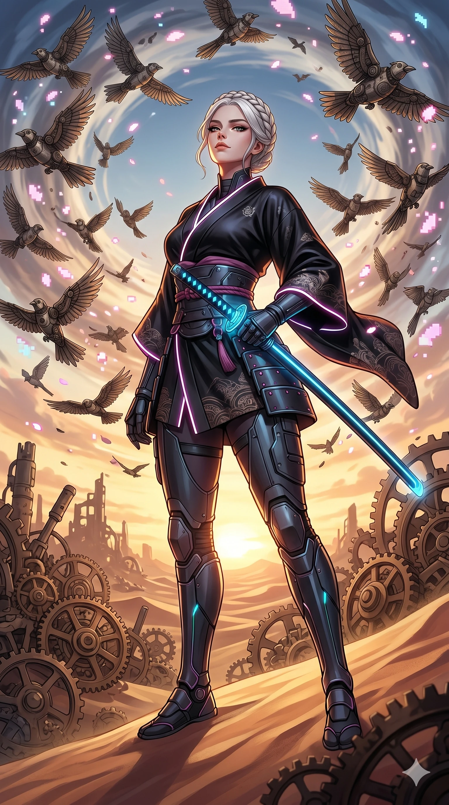 score_9, masterpiece, best quality, ultra-detailed, Set A: High-budget Anime Keyframe, Japanese woman. Low angle cowboy shot filling the entire 9:16 frame with her statuesque presence. Standing victoriously through a clockwork desert, surrounded by a whirlwind of 42 mechanical birds and surrounded by digital sakura petals. She has an absolutely perfect 8-heads proportion, an exceptionally tall and slender female figure with impossibly long slender legs and an ultra-slim waist. Sharp v-shaped jawline, high-bridge nose, intricate jewel-like eyes with depth, thick eyelashes, glossy lips with a natural sheen. Wearing Cyber-samurai gear with a short silk kimono and glowing neon katana sheath. Cinematic lighting, vibrant colors, dramatic shadows, 2k, ultra detail, master piece, 9:16 ratio