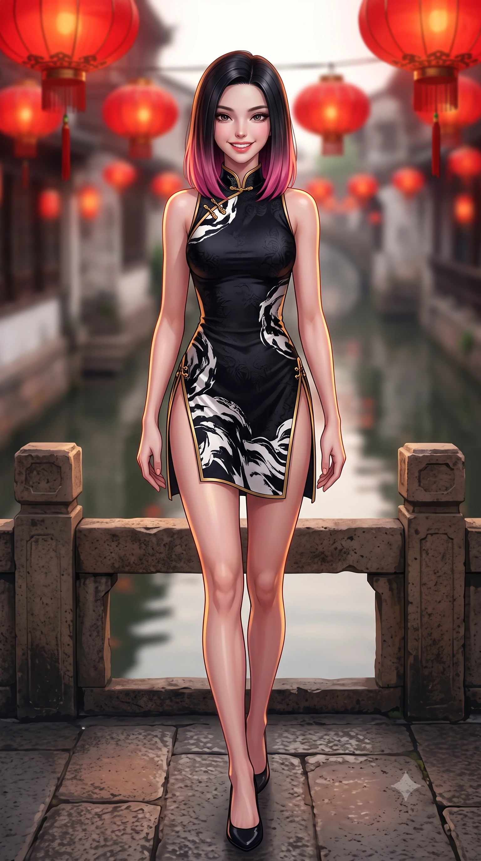 score_9, masterpiece, best quality, ultra-detailed, high-budget anime keyframe, semi-realistic 3D game render, editorial fashion photography, tasteful artistic composition, Korean woman. low angle full-body shot from head to toe showing her feet, filling the entire 9:16 vertical frame with her statuesque presence, stretching her vertical silhouette. stepping forward gracefully across the stone bridge in mid-motion with a radiant beaming smile, hips swaying in an alluring kinetic rhythm that accentuates her curvy hourglass silhouette and long slender legs while lounging in an antique black lacquer daybed with one knee drawn up, her modern high-slit cheongsam displaying her long slender legs. The background shows a soft-focus red silk lanterns swaying in the breeze above the slow-moving canal softened in poetic Suzhou shallow focus. She has an absolutely perfect, statuesque 8.5-heads proportion, an exceptionally tall and slender model-like female figure with impossibly long slender legs, an ultra-slim waist, a flat toned midriff, narrow delicate ribcage, and beautifully sculpted feminine hips creating a graceful, slim hourglass silhouette without any bulky heaviness. sharp v-shaped jawline, high-bridge nose, intricate jewel-like dark sparkling almond eyes with depth, thick lashes, glossy parted lips with a natural rose-plum sheen, bright alluring and coquettish smile with bedroom-eyes, exuding both timeless oriental elegance and sovereign high-fashion allure, flawlessly proportioned anatomical accuracy, strict slender model proportions, natural body alignment, perfectly sculpted long slender limbs, ultra-slim waistline, clean dynamic posture without body distortion. wearing a form-contouring high-neck modern cheongsam mini dress in midnight black jacquard silk with daring double side hip slits in stark monochrome black and white ink contrast, crafted from heavy fluid silk satin with a liquid mirror-like sheen, finished with sharp laser-cut side hip slits framed by gold piping, the high-waisted wrap tailoring accentuating her ultra-slim waistline and the enchanting curve of her feminine hips with alluring oriental charm. illuminated by red lantern glow and sharp amber-gold rim lights defining her sculpted collarbones, ultra-slim waist, and curvy hips. highly saturated vibrant anime colors, detailed shading with soft gradients, rich glossy textures, high-contrast stereoscopic depth, volumetric dynamic lighting, master piece, 9:16 ratio