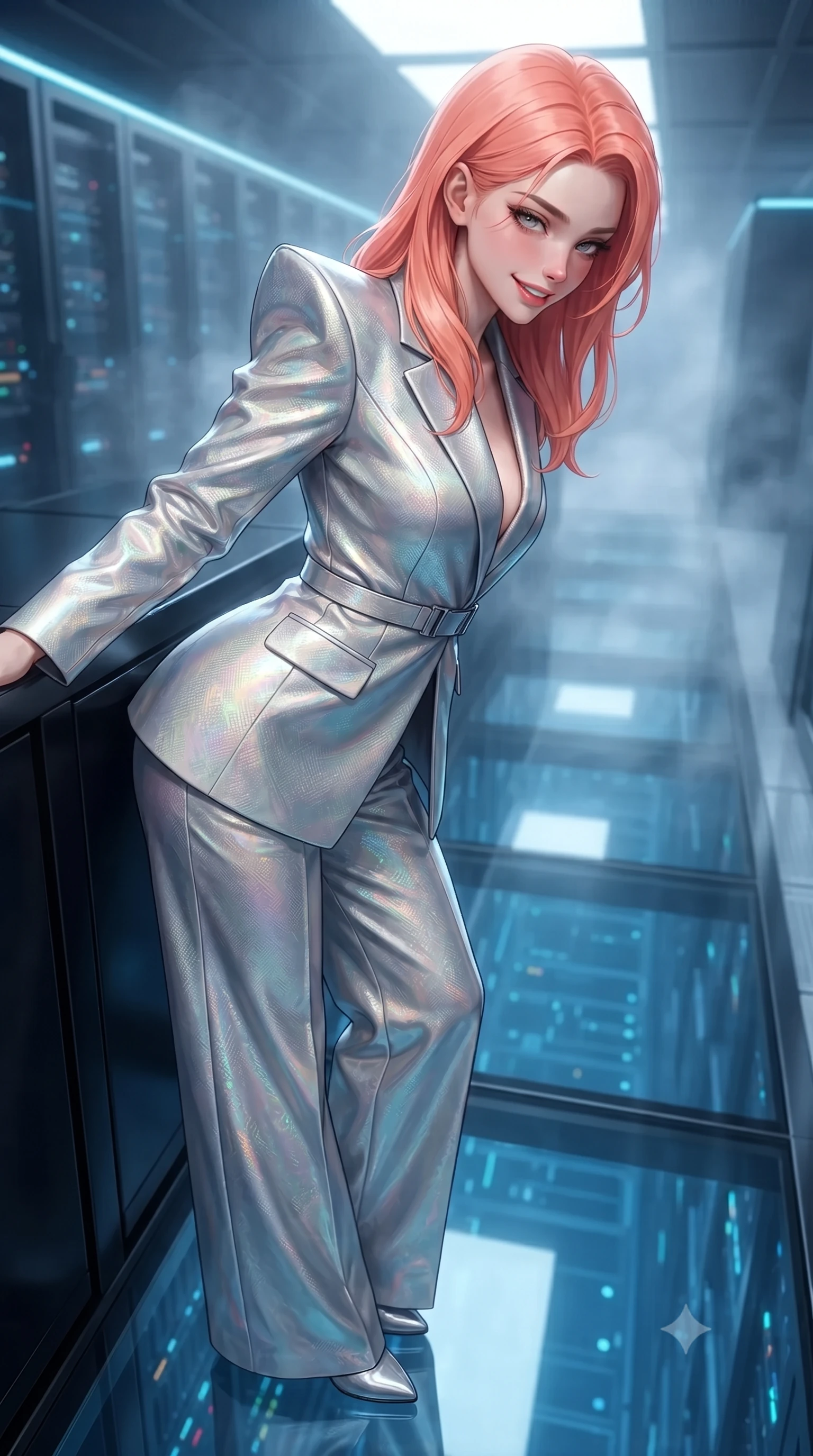 score_9, masterpiece, best quality, ultra-detailed, high-budget anime keyframe, editorial fashion photography, tasteful artistic composition, Japanese woman. close-up cowboy shot from the waist and thighs up, the character dominates the composition, filling the frame with her large presence. leaning forward while arching her lower back to accentuate her curvy hips, looking into the camera with an intoxicating smoldering gaze and bedroom-eyes while leaning against the polished obsidian server chassis with hips cocked back, looking down through the glass floor into the infinite blue server abyss with heavy-lidded bedroom-eyes. The background shows a soft-focus frosty nitrogen vapor softened in subterranean quantum core vault shallow focus. She has an exceptionally elegant, slender, and willowy female figure with an ultra-slim waist, flat toned midriff, narrow ribcage, and sculpted feminine hips creating an alluring, slim hourglass silhouette without bulk. sharp v-shaped jawline, high-bridge nose, intricate jewel-like sparkling eyes with depth, thick eyelashes, glossy parted lips with a natural peach sheen, bright cheerful beaming smile with an enchanting and coquettish sensual glint, exuding both youthful cute charm and seductive allure, flawlessly proportioned anatomical accuracy, strict slender model proportions, natural body alignment, perfectly sculpted long slender limbs, ultra-slim waistline, clean dynamic posture without body distortion. wearing a bespoke Neo-Tokyo structured blazer with angular padded shoulders and wide-leg tailored tech-wool trousers in iridescent mother-of-pearl and liquid molten silver, woven from structured carbon-fiber jacquard with rich textural depth, finished with sleek magnetic buckle closures fluttering in the breeze, the impeccably tailored cut draping gracefully along her slender figure with aristocratic poise. illuminated by glass gantry reflection bounce and sharp laser-cyan rim lights defining her razor-sharp jawline, narrow waist, and curvy hips. ultra-reflective glossy finish, specular highlights, rich textural contrasts, high-contrast stereoscopic depth, volumetric dynamic lighting, 2k, ultra detail, master piece, 9:16 ratio