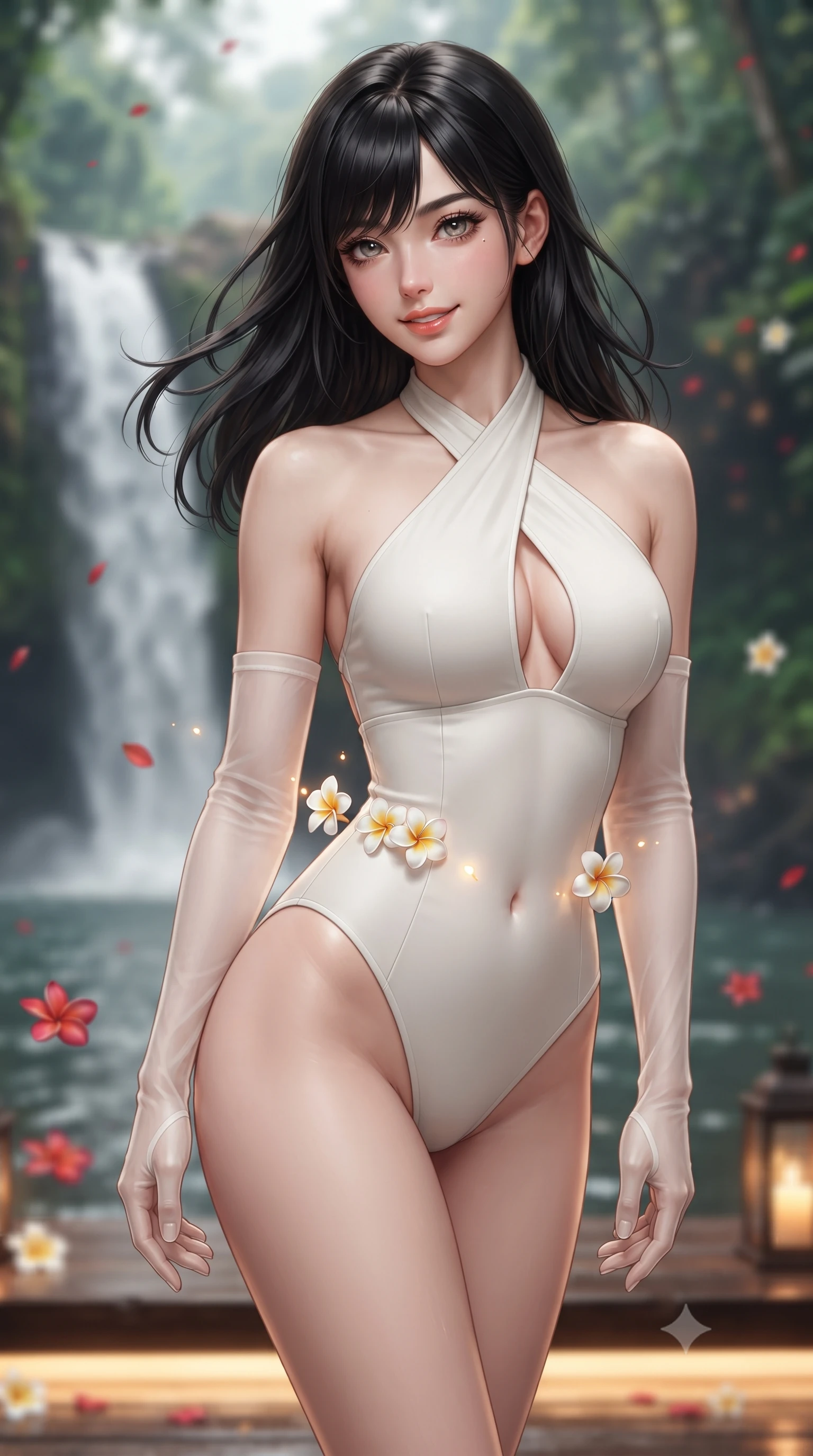 score_9, masterpiece, best quality, ultra-detailed, high-budget anime keyframe, editorial fashion photography, tasteful artistic composition, Caucasian woman. close-up cowboy shot from the waist and thighs up, the character dominates the composition, filling the frame with her large presence. turning slowly with an enchanting smoldering smile, her glossy hair tossing in the breeze as her hips angle gracefully in a captivating contrapposto while twisting her slender torso in an alluring S-curve, floating flower blossoms and warm lantern glows highlighting her flat midriff and curvy hips. The background shows a soft-focus roaring natural waterfall pouring over jungle cliffs behind, floating red frangipani petals on water, and dark rainforest canopy blurred into ruby, jade, and amber bokeh. She has an exceptionally elegant, slender, and willowy female figure with an ultra-slim waist, flat toned midriff, narrow ribcage, and sculpted feminine hips creating an alluring, slim hourglass silhouette without bulk. sharp v-shaped jawline, high-bridge nose, sparkling eyes with hypnotic seductive depth, thick curled eyelashes, glossy parted lips with a natural dewy peach sheen, alluring bedroom-eyes with an enchanting coquettish smile, exuding magnetic siren charisma and sophisticated glamour, flawlessly proportioned anatomical accuracy, strict slender model proportions, natural body alignment, perfectly sculpted long slender limbs, ultra-slim waistline, clean dynamic posture without body distortion. wearing a criss-cross halterneck keyhole bodysuit with open back and sculpted waist darts in pure alabaster with golden sheen, tailored from fine structural neoprene with crisp architectural edges and smooth contouring, complemented by sheer opera-length evening gloves tracing her slender arms, the glove-like clinging cut tightly following the natural contour of her hips and long slender legs with youthful 8.5-heads elegance. bathed in soft 2400K concealed warm LED cove lighting glowing beneath the ironwood platform mixed with candle lanterns. ultra-reflective glossy finish, specular highlights, rich textural contrasts, high-contrast stereoscopic depth, volumetric dynamic lighting, 2k, ultra detail, master piece, 9:16 ratio