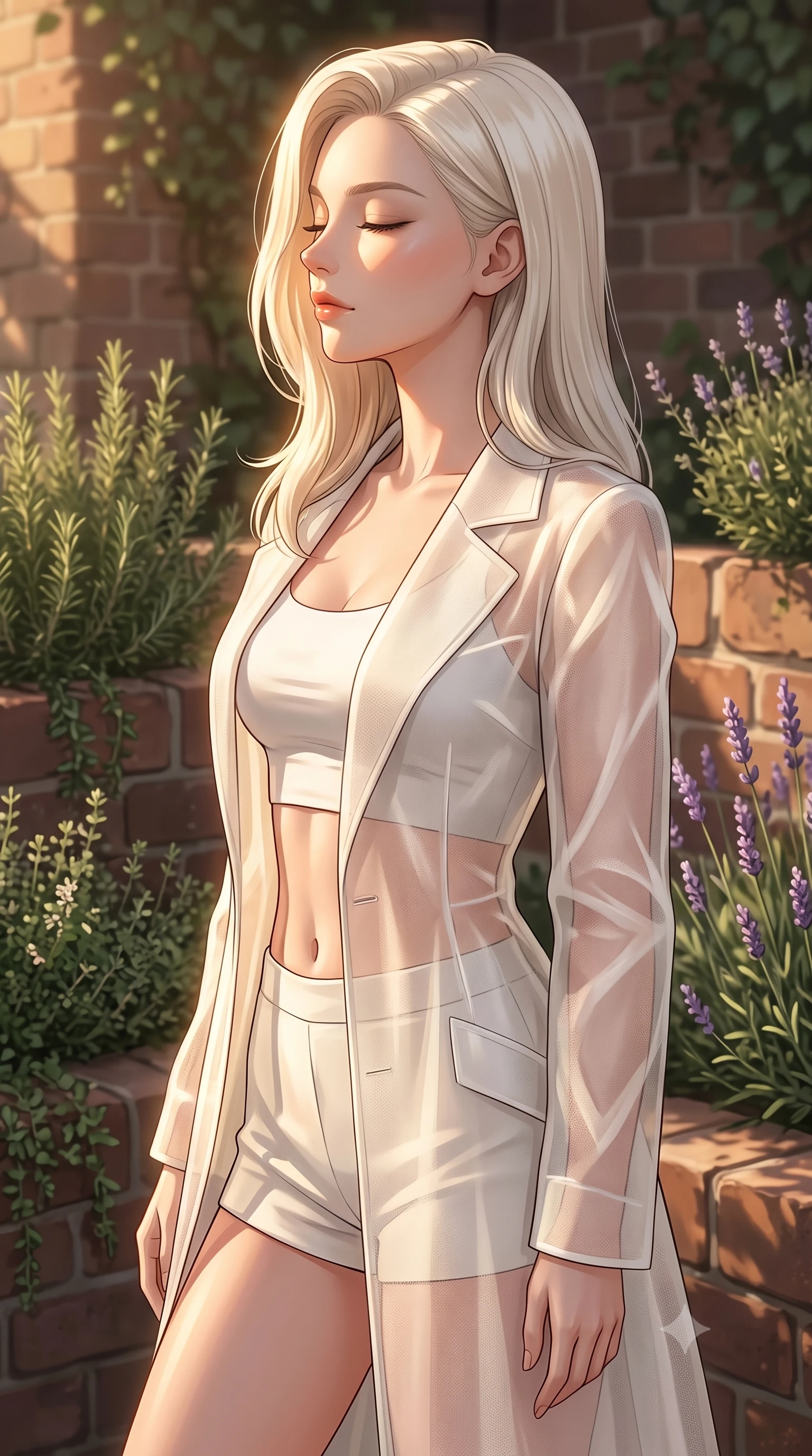 score_9, masterpiece, best quality, ultra-detailed, high-budget anime keyframe, editorial fashion photography, tasteful artistic composition, Caucasian woman woman. close-up cowboy shot from the waist and thighs up, the character dominates the composition, filling the frame with her large presence, background elements kept in soft focus. turning her face in profile to catch the warm sunlight on her cheek, eyes softly closed the background shows a soft-focus a small brick-walled garden filled with rosemary, thyme, and lavender. She has an exceptionally elegant, slender, and willowy female figure with an ultra-slim waist, a gracefully sculpted slender torso, and a refined silhouette. sharp v-shaped jawline, high-bridge nose, intricate jewel-like eyes with depth, thick eyelashes, glossy lips with a natural sheen. wearing a tailored sheer organza long coat in ivory, worn over a crop top and micro-shorts. warm late afternoon sun casting long, gentle shadows. 2k, ultra detail, master piece, 9:16 ratio