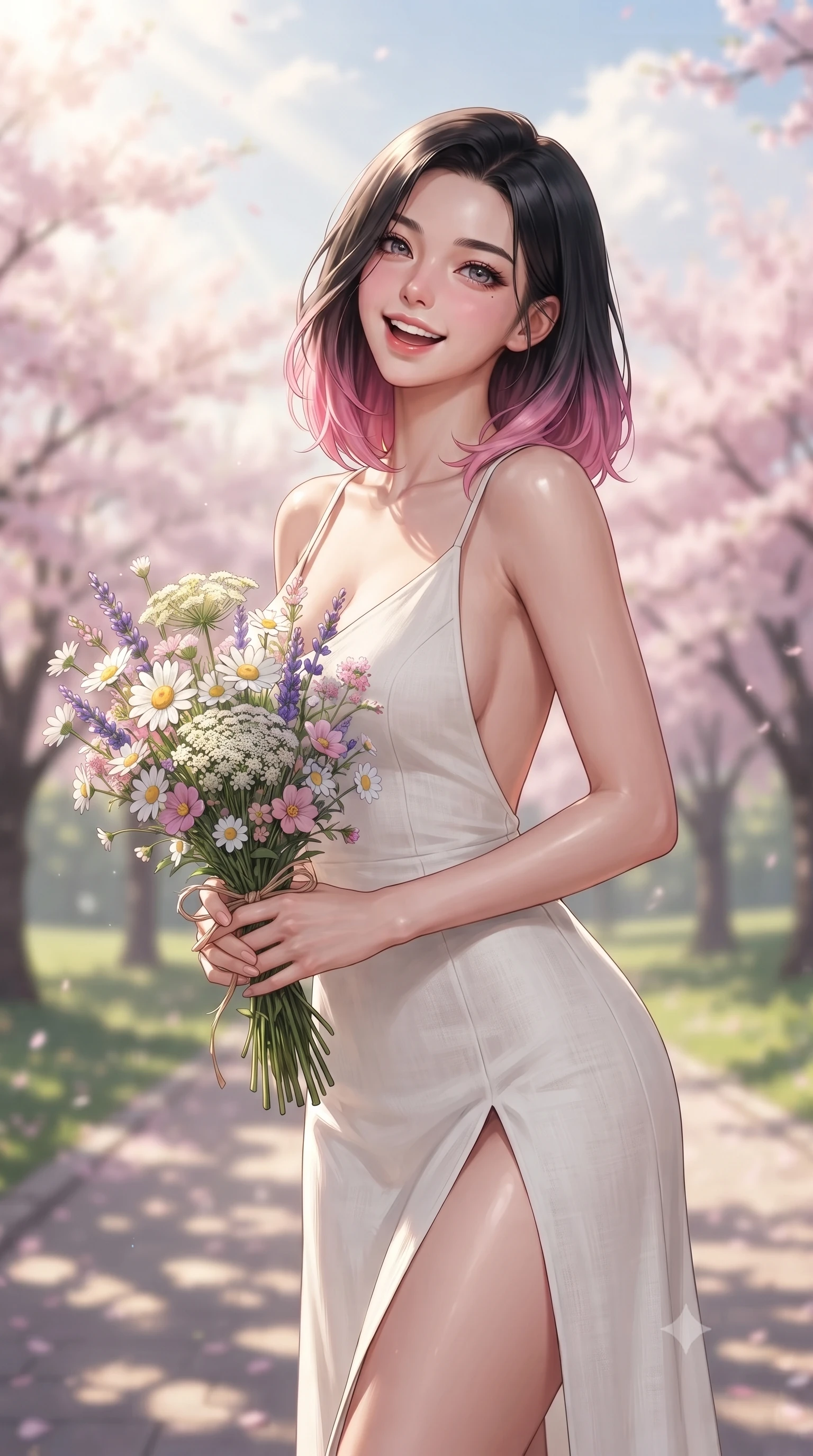 score_9, masterpiece, best quality, ultra-detailed, high-budget anime keyframe, editorial fashion photography, tasteful artistic composition, Korean woman. close-up cowboy shot from the waist and thighs up, the character dominates the composition, filling the frame with her large presence, background elements kept in soft focus. laughing softly with a charming expression, tilting her head cutely to the side set against a soft-focus background of walking down a park path lined with blooming pink cherry blossom trees holding a beautiful wildflower bouquet tied with a simple twine ribbon. She has an exceptionally elegant, slender, and willowy female figure with an ultra-slim waist, a gracefully sculpted slender torso, and a refined silhouette. sharp v-shaped jawline, high-bridge nose, intricate jewel-like eyes with depth, thick eyelashes, glossy lips with a natural sheen. wearing form-contouring linen sundress with a daring high slit and a low-cut back design. soft afternoon sunbeams filtering through light clouds, casting gentle shadows. ultra-reflective glossy finish, specular highlights, metallic sheen, high-contrast stereoscopic depth, volumetric dynamic lighting, 2k, ultra detail, master piece, 9:16 ratio