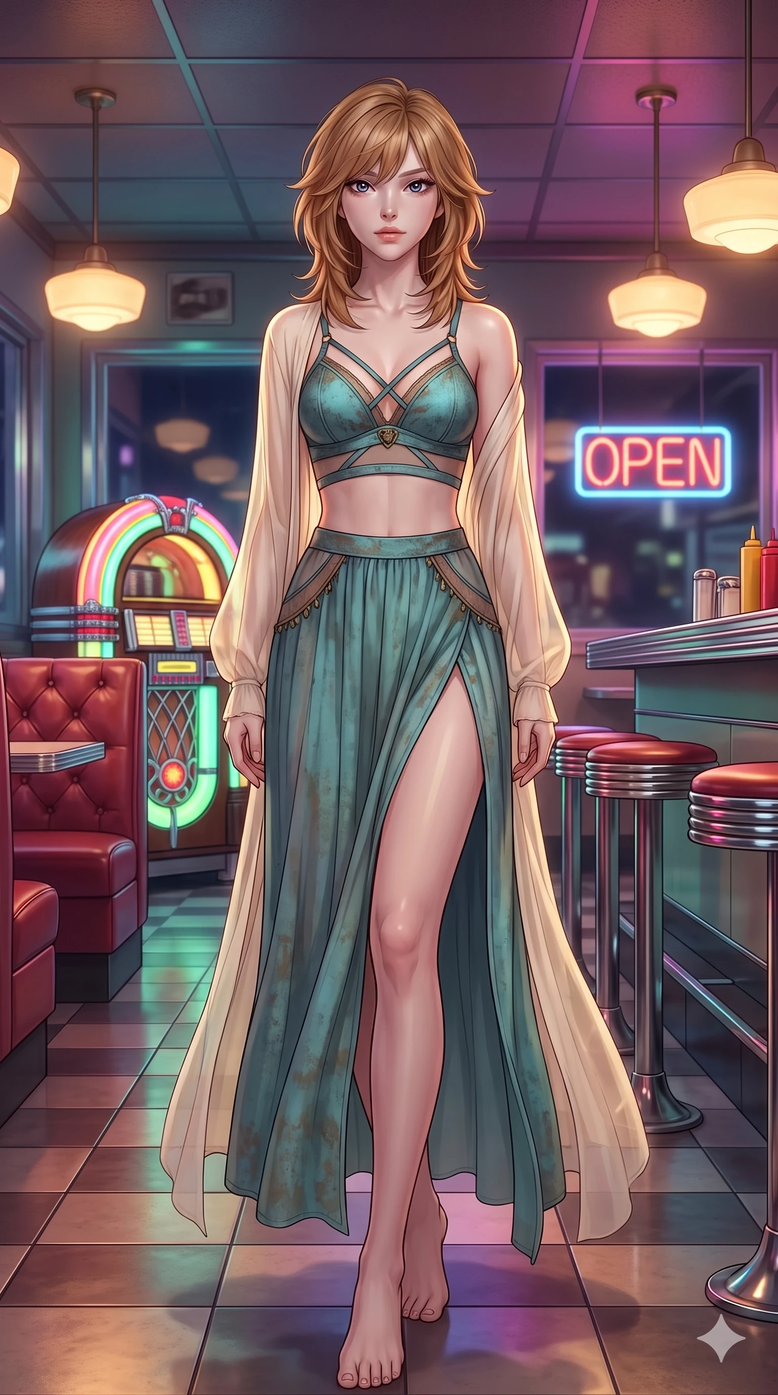score_9, masterpiece, best quality, ultra-detailed, high-budget anime keyframe, semi-realistic 3D game render, editorial fashion photography, tasteful artistic composition, Korean woman. low angle full-body shot from head to toe showing her feet, filling the entire 9:16 vertical frame with her statuesque presence, stretching her vertical silhouette. striding across the sun-drenched desert highway as warm breezes whip her garments open, accentuating her long slender legs and curvy hips while twisting her slender torso in an alluring S-curve beside the jukebox, glowing neon red and green reflections tracing her narrow waist and curvy hips. The background shows a soft-focus tufted red vinyl booths, polished chrome counter edges, and glowing neon 'OPEN' sign reversed in glass blurred into crimson, chrome, and neon-amber bokeh. She has an absolutely perfect, statuesque 8.5-heads proportion, an exceptionally tall and slender model-like female figure with impossibly long slender legs, an ultra-slim waist, a flat toned midriff, narrow delicate ribcage, and beautifully sculpted feminine hips creating a graceful, slim hourglass silhouette without any bulky heaviness. sharp v-shaped jawline, high-bridge nose, sparkling eyes with hypnotic seductive depth, thick curled eyelashes, glossy parted lips with a natural dewy peach sheen, alluring bedroom-eyes with an enchanting coquettish smile, exuding magnetic siren charisma and sophisticated glamour, flawlessly proportioned anatomical accuracy, strict slender model proportions, natural body alignment, perfectly sculpted long slender limbs, ultra-slim waistline, clean dynamic posture without body distortion. wearing a delicate sheer chiffon western duster robe slipping off bare shoulders over a matching strappy suede bralette in turquoise patina and burnished vintage brass, featuring strategic sheer-illusion micro-mesh cutouts along her ribcage and hip flanks, finished with an ultra-high side slit secured by miniature leather lace-up grommets, the liquid-tight tailored fabric clinging flawlessly to her narrow waist and rounded feminine hips, emphasizing every millimeter of her sculpted slim hourglass curves without any bulky heaviness. bathed in the warm, inviting glow of hanging milk-glass pendant lamps mixed with moody red neon filtering through the rain-streaked windows. highly saturated vibrant anime colors, detailed shading with soft gradients, rich glossy textures, high-contrast stereoscopic depth, volumetric dynamic lighting, master piece, 9:16 ratio