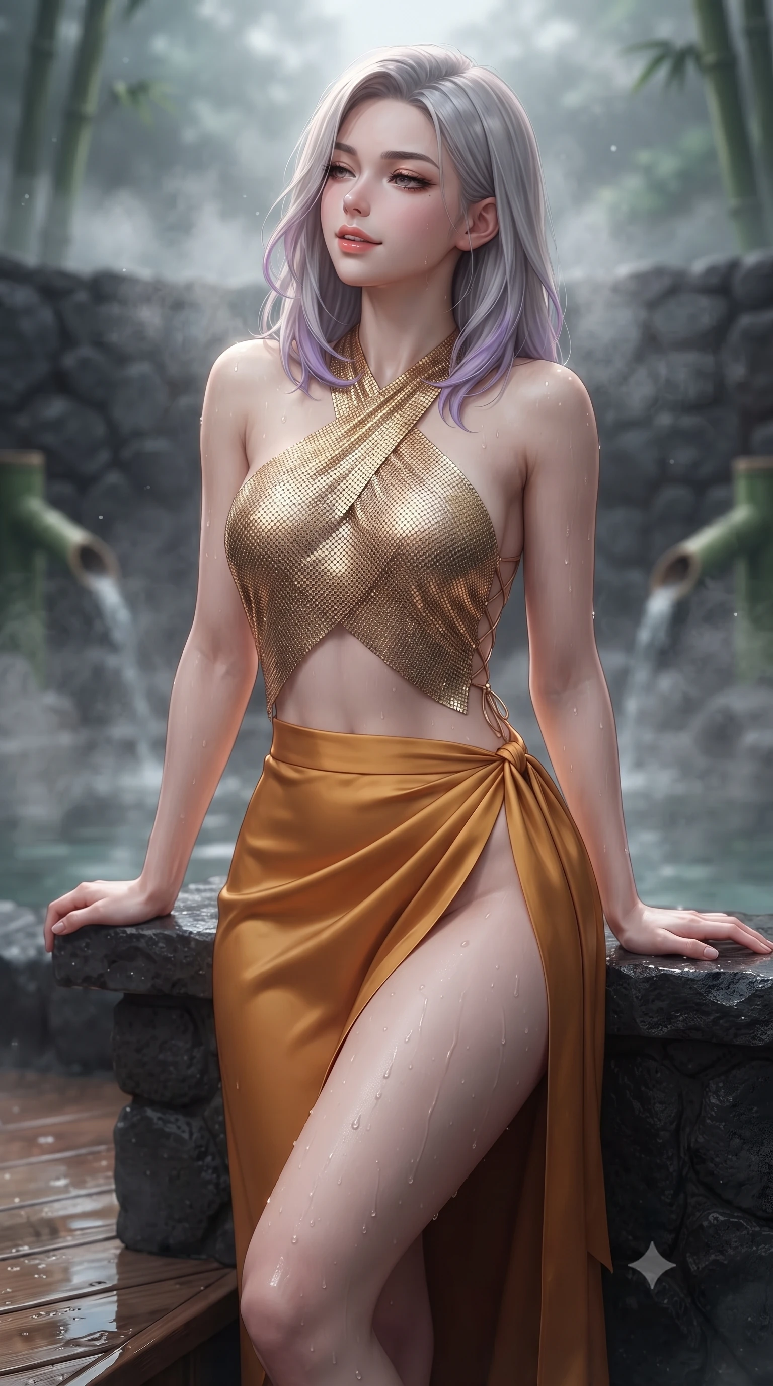 score_9, masterpiece, best quality, ultra-detailed, high-budget anime keyframe, editorial fashion photography, tasteful artistic composition, Caucasian woman. close-up cowboy shot from the waist and thighs up, the character dominates the composition, filling the frame with her large presence. leaning back against the balustrade with relaxed seductive grace, head tilted back slightly while casting a hypnotic, heavy-lidded gaze while standing poised on the wet cedar deck at the water's edge, water glistening on her legs as she glances back with a flirtatious half-smile. The background shows a soft-focus clouds of fragrant steam, dark volcanic stone walls, and bamboo water spouts blurred into misty charcoal, opal, and jade bokeh. She has an exceptionally elegant, slender, and willowy female figure with an ultra-slim waist, flat toned midriff, narrow ribcage, and sculpted feminine hips creating an alluring, slim hourglass silhouette without bulk. sharp v-shaped jawline, high-bridge nose, sparkling eyes with hypnotic seductive depth, thick curled eyelashes, glossy parted lips with a natural dewy peach sheen, alluring bedroom-eyes with an enchanting coquettish smile, exuding magnetic siren charisma and sophisticated glamour, flawlessly proportioned anatomical accuracy, strict slender model proportions, natural body alignment, perfectly sculpted long slender limbs, ultra-slim waistline, clean dynamic posture without body distortion. wearing a high-waisted silk wrap sarong skirt with a hip-high slit paired with a plunging criss-cross satin halter top in warm amber honey and antique gold leaf, crafted from shimmering fluid chainmail mesh reflecting ambient neon lights, featuring fine criss-cross lace-up side ties revealing tantalizing glimpses of her hip curve, the high-slit wrap tailoring accentuating her ultra-slim waistline and the enchanting curve of her feminine hips with alluring seductive charm. illuminated by hot spring water caustics and sharp platinum rim lights sculpting her razor-sharp jawline, narrow waist, and curvy hips. ultra-reflective glossy finish, specular highlights, rich textural contrasts, high-contrast stereoscopic depth, volumetric dynamic lighting, 2k, ultra detail, master piece, 9:16 ratio