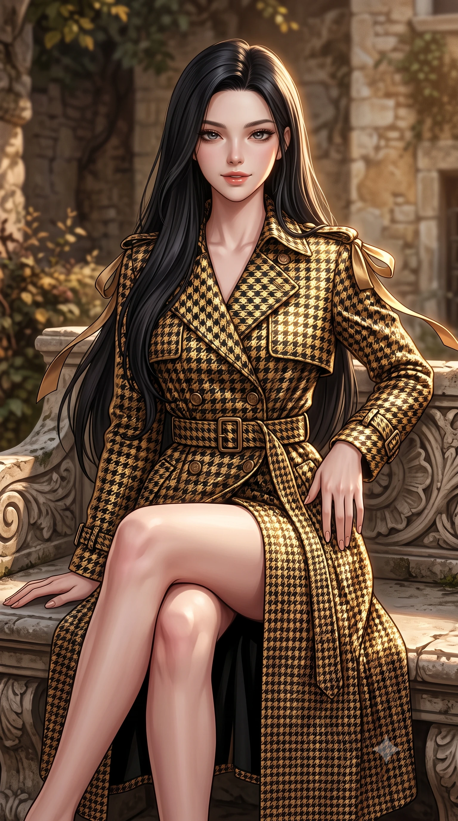 score_9, masterpiece, best quality, ultra-detailed, high-budget anime keyframe, semi-realistic 3D game render, editorial fashion photography, tasteful artistic composition, Korean woman. close-up cowboy shot from the waist and thighs up, the character dominates the composition, filling the frame with her large presence. leaning forward while arching her lower back to accentuate her curvy hips, looking into the camera with an intoxicating smoldering gaze and bedroom-eyes while sitting gracefully on the carved stone bench with legs crossed, running one manicured hand slowly down her hip with magnetic charm. The surrounding environment is rendered in vivid detail and crisp panoramic clarity: detailed garment drape, silhouette contours, and historic Provençal stonecraft in razor-sharp precision. She has an exceptionally elegant, slender, and willowy female figure with an ultra-slim waist, flat toned midriff, narrow ribcage, and sculpted feminine hips creating an alluring, slim hourglass silhouette without bulk. sharp v-shaped jawline, high-bridge nose, intricate jewel-like sparkling eyes with depth, thick eyelashes, glossy parted lips with a natural peach sheen, bright cheerful beaming smile with an enchanting and coquettish sensual glint, exuding both youthful cute charm and seductive allure, flawlessly proportioned anatomical accuracy, strict slender model proportions, natural body alignment, perfectly sculpted long slender limbs, ultra-slim waistline, clean dynamic posture without body distortion. wearing a structured Viennese secessionist houndstooth trench coat with belted waist and storm flaps in Viennese golden secession noir and imperial 24k gold leaf, crafted from bespoke double-faced cashmere with an exceptionally soft tactile finish, finished with satin ribbon ties at the shoulders fluttering in the gentle breeze, the bespoke structured tailoring following the natural line of her 8.5-heads silhouette with refined elegance. illuminated by stone ground reflection fill and sharp flame-gold rim lights defining her razor-sharp jawline, narrow waist, and curvy hips. highly saturated vibrant anime colors, detailed shading with soft gradients, rich glossy textures, high-contrast stereoscopic depth, volumetric dynamic lighting, master piece, 9:16 ratio
