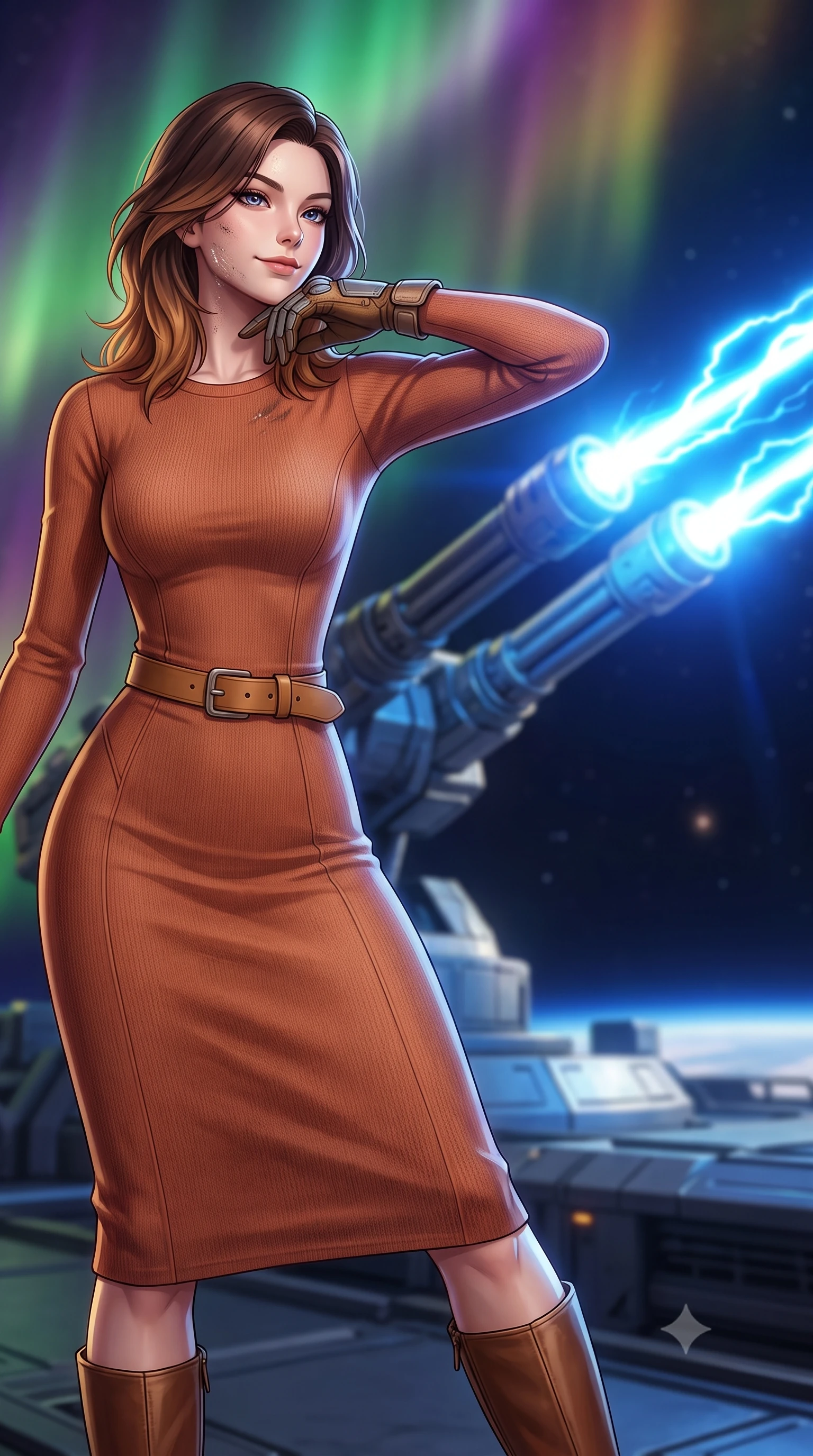 score_9, masterpiece, best quality, ultra-detailed, high-budget anime keyframe, editorial fashion photography, tasteful artistic composition, Korean woman. close-up cowboy shot from the waist and thighs up, the character dominates the composition, filling the frame with her large presence, background elements kept in soft focus. Defiantly wiping oil and stardust from her jawline with a confident, victorious smirk. set against a soft-focus background of beside a massive twin-barrel plasma cannon on the surface of a space station, firing bright blue bolts into space. She has an exceptionally elegant and slender, willowy female figure with an ultra-slim waist, a gracefully sculpted slender torso, and a refined slim physique. sharp v-shaped jawline, high-bridge nose, intricate jewel-like eyes with depth, thick eyelashes, glossy lips with a natural sheen. wearing tailored for maximum mobility, sleek form-contouring panels that allow fluid movement, a slim-fit long-sleeve knit midi dress in a warm terracotta tone, styled with a tan leather belt and knee-high brown boots. highly saturated vibrant anime colors, intense vivid color palette, soft 3D volumetric shading, volumetric dynamic lighting, illuminated by a shifting aurora palette of green violet and gold from above. 2k, ultra detail, master piece, 9:16 ratio