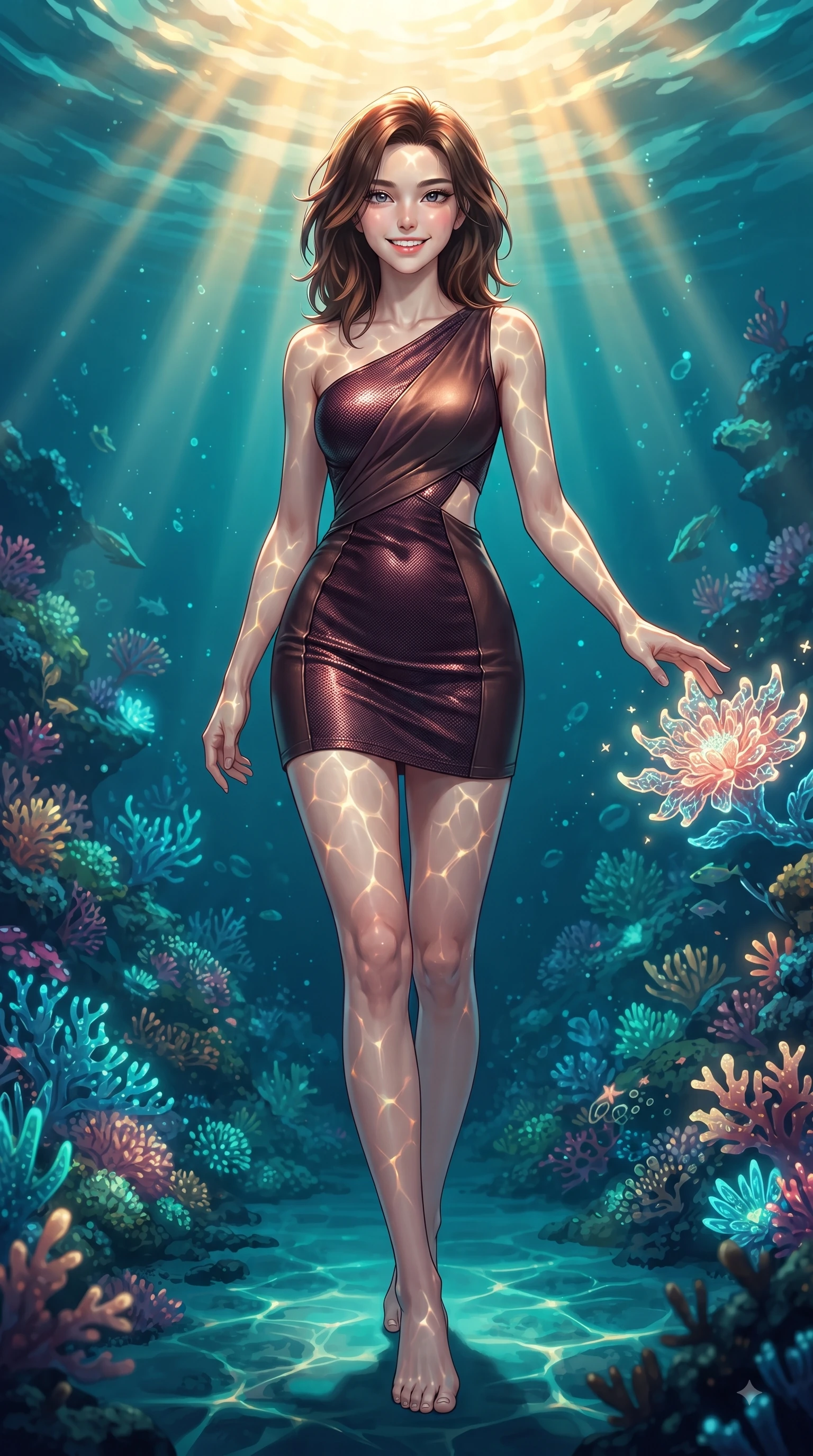 score_9, masterpiece, best quality, ultra-detailed, high-budget anime keyframe, editorial fashion photography, tasteful artistic composition, Korean woman. low angle full-body shot from head to toe showing her feet, filling the entire 9:16 vertical frame with her statuesque presence, stretching her vertical silhouette. stepping forward in a proud dynamic stride with a cheerful beaming smile, her vertical silhouette filling the frame while reaching her hand out with a bright smiling face to touch a glowing coral sea blossom, golden sunbeams penetrating deep turquoise water creating caustic light ripples. She has an absolutely perfect, statuesque 8.5-heads proportion, an exceptionally tall and slender model-like female figure with impossibly long slender legs and an ultra-slim waist. sharp v-shaped jawline, high-bridge nose, intricate jewel-like eyes with depth, thick eyelashes, glossy lips with a natural sheen, flawlessly proportioned anatomical accuracy, natural body alignment, perfectly sculpted elegant limbs, clean dynamic posture without body distortion. wearing a precision-fitted liquid jersey bodycon dress with a graceful draped back in deep burgundy and bronze, made of fine carbon-fiber weave and soft matte leather, featuring subtle geometric cutouts that highlight her ultra-slim midriff, the elegant draped fit framing her graceful clavicle and slender torso. illuminated by cheerful aqua bioluminescence and warm golden top lighting. ultra-reflective glossy finish, specular highlights, metallic sheen, high-contrast stereoscopic depth, volumetric dynamic lighting, 2k, ultra detail, master piece, 9:16 ratio