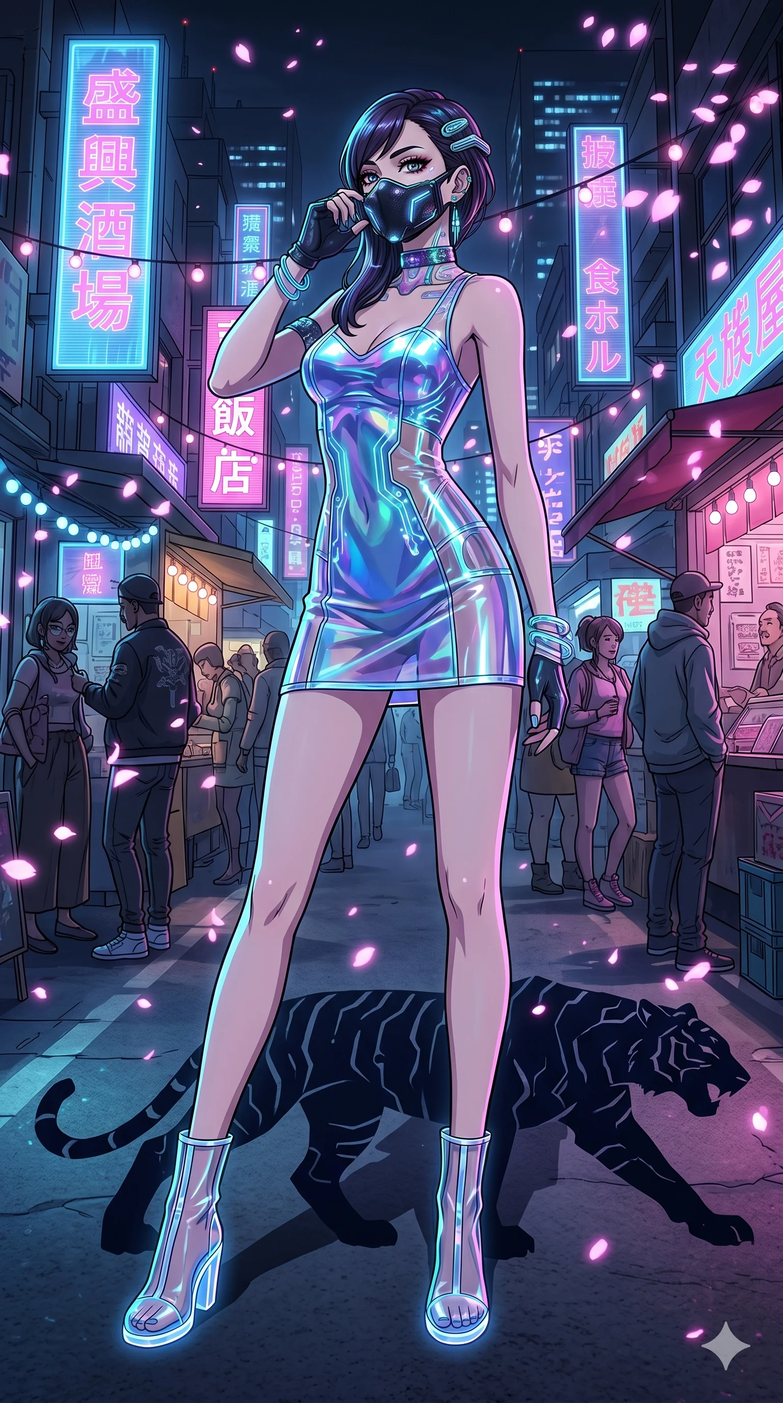 score_9, masterpiece, best quality, ultra-detailed, Set A: High-budget Anime Keyframe, Japanese woman. Low angle cowboy shot filling the entire 9:16 frame with her statuesque presence. Adjusting a mask through a futuristic night market, while her shadow mimics the movements of a predator 75 and surrounded by digital sakura petals. She has an absolutely perfect 8-heads proportion, an exceptionally tall and slender female figure with impossibly long slender legs and an ultra-slim waist. Sharp v-shaped jawline, high-bridge nose, intricate jewel-like eyes with depth, thick eyelashes, glossy lips with a natural sheen. Wearing Holographic vinyl mini-dress with transparent PVC boots and glowing jewelry. Cinematic lighting, vibrant colors, dramatic shadows, 2k, ultra detail, master piece, 9:16 ratio