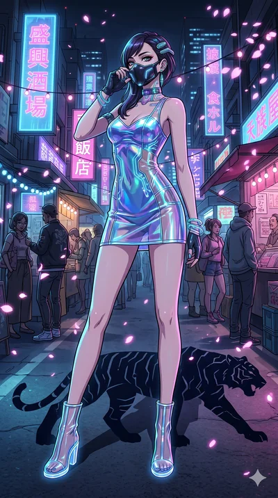 score_9, masterpiece, best quality, ultra-detailed, Set A: High-budget Anime Keyframe, Japanese woman. Low angle cowboy shot filling the entire 9:16 frame with her statuesque presence. Adjusting a mask through a futuristic night market, while her sha