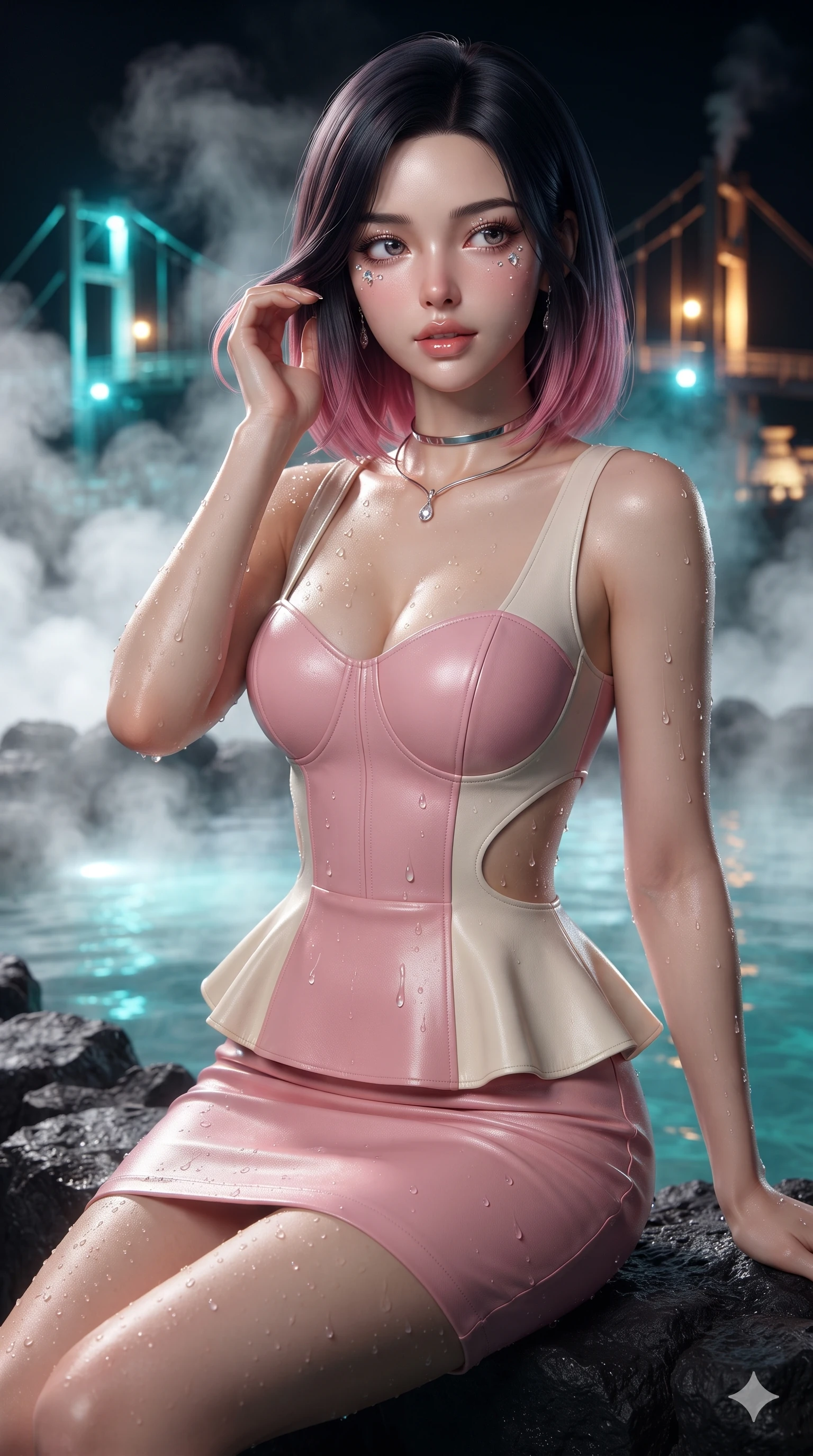 score_9, masterpiece, best quality, ultra-detailed, high-budget anime keyframe, editorial fashion photography, tasteful artistic composition, Korean woman. close-up cowboy shot from the waist and thighs up, the character dominates the composition, filling the frame with her large presence. gently brushing a lock of hair behind her ear while casting a playful, flirtatious side-gaze with long eyelashes while sitting on the black basalt rock rim of the steaming geothermal pool, water droplets beading on her flat midriff and curvy hips as steam rises into the night air. The background shows a soft-focus swirling white geothermal steam plumes, glowing turquoise thermal water, and distant illuminated suspension bridges blurred into turquoise, amber, and midnight obsidian bokeh. She has an exceptionally elegant, slender, and willowy female figure with an ultra-slim waist, flat toned midriff, narrow ribcage, and sculpted feminine hips creating an alluring, slim hourglass silhouette without bulk. sharp v-shaped jawline, high-bridge nose, intricate jewel-like sparkling eyes with depth, thick eyelashes, glossy parted lips with a natural sheen, intensely captivating and seductive bedroom-eyes expression, exuding both youthful cute charm and sovereign luxury allure, flawlessly proportioned anatomical accuracy, strict slender model proportions, natural body alignment, perfectly sculpted long slender limbs, ultra-slim waistline, clean dynamic posture without body distortion. wearing a modern peplum corset dress with side-waist diamond cutouts and an ultra-tight silhouette in sakura blossom pink and warm ivory, woven from buttery-soft stretch lambskin leather adhering to her body like a second skin, finished with a minimalist chrome choker and a single teardrop diamond pendant, the glove-like clinging cut tightly following the natural contour of her hips and long slender legs with youthful 8.5-heads elegance. illuminated by water surface ripple reflections and sharp turquoise-amber rim lights carving her sculpted collarbones, ultra-slim waist, and curvy hips. ultra-reflective glossy finish, specular highlights, rich textural contrasts, high-contrast stereoscopic depth, volumetric dynamic lighting, 2k, ultra detail, master piece, 9:16 ratio