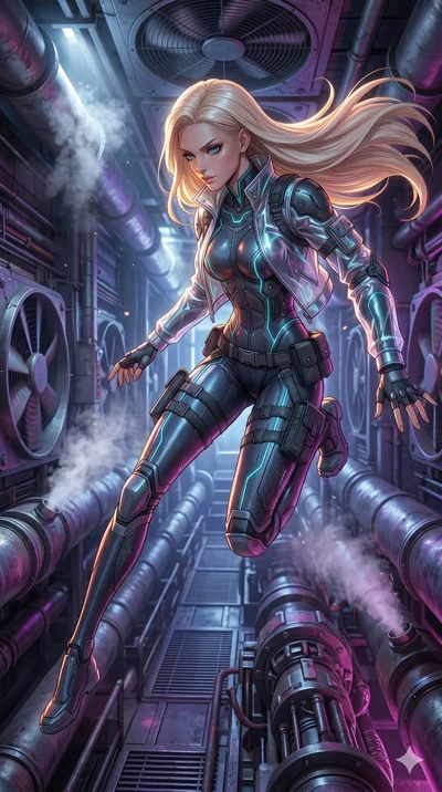 score_9, masterpiece, best quality, ultra-detailed, semi-realistic 3D game render, high-fidelity textures, Unreal Engine 5 style, Caucasian (strictly human ears) woman. Extreme high angle shot as she leaps towards the camera, filling the frame. navig