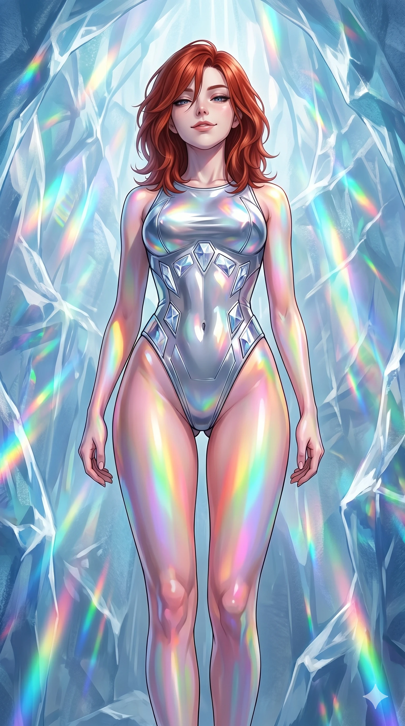 score_9, masterpiece, best quality, ultra-detailed, high-budget anime keyframe, editorial fashion photography, tasteful artistic composition, Korean woman. cowboy shot from the thighs up, character and outfit filling the frame for maximum editorial presence. tilting her head back slightly, looking down with a cool, self-assured smile in a glacier ice dome with prismatic light refracting through walls (Code-P16-079). She has an absolutely perfect 8-heads proportion, an exceptionally tall and slender female figure with impossibly long slender legs and an ultra-slim waist. V-shaped jawline, high-bridge nose, intricate jewel-like eyes with depth, thick eyelashes, glossy lips with a natural sheen. wearing a silver metallic bodysuit with crystalline plates and high-cut leg lines. cascading rainbow prismatic light refracting through ice, painting colors on her body. 2k, ultra detail, master piece, 9:16 ratio