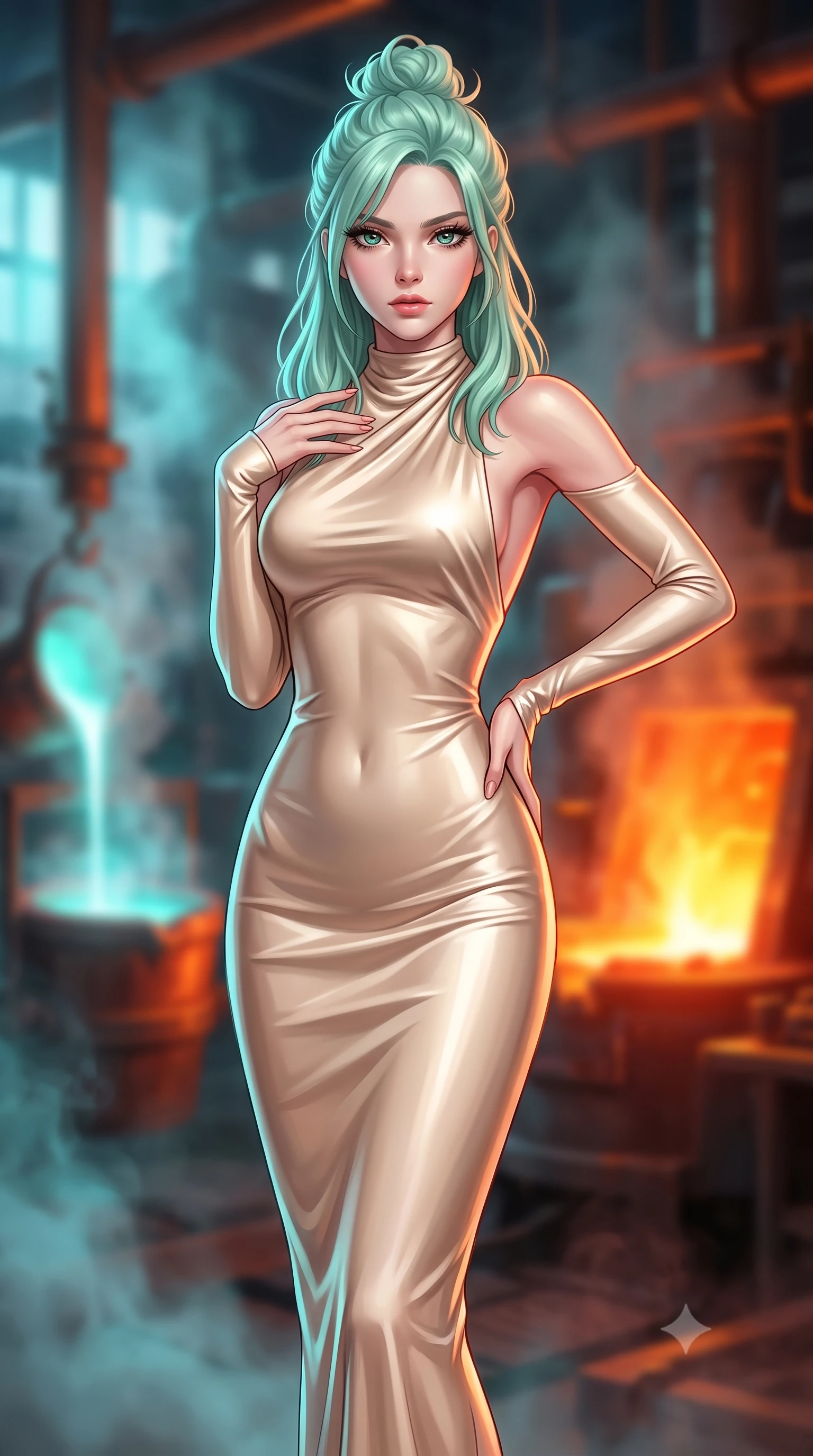 score_9, masterpiece, best quality, ultra-detailed, high-budget anime keyframe, editorial fashion photography, tasteful artistic composition, Japanese woman woman. close-up cowboy shot from the waist and thighs up, the character dominates the composition, filling the frame with her large presence, background elements kept in soft focus. She has an exceptionally elegant, slender, and willowy female figure with an ultra-slim waist, a gracefully sculpted slender torso, and a refined silhouette. casting a slow, direct gaze beneath heavy lashes with magnetic intensity, flawlessly proportioned anatomical accuracy, natural body alignment, perfectly sculpted elegant limbs, clean dynamic posture without body distortion. set against a soft-focus background of a copper pipe industrial foundry with liquid aurora crucibles. wearing a sculpted champagne satin bodycon gown following her slender silhouette like liquid metal. bathed in intense orange furnace light clashing with cool cyan steam highlights. highly saturated vibrant anime colors, detailed shading with soft gradients, rich glossy textures, high-contrast stereoscopic depth, volumetric dynamic lighting, master piece, 9:16 ratio
