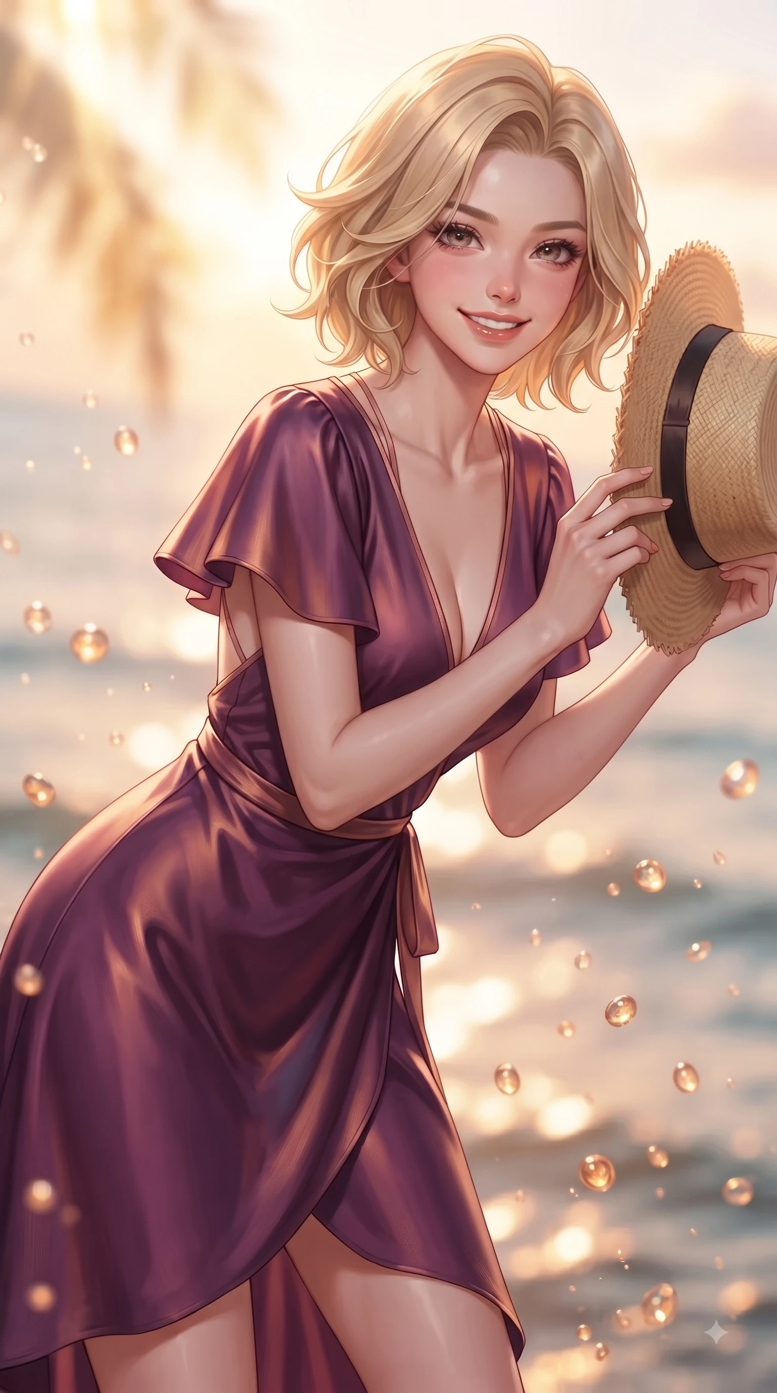 score_9, masterpiece, best quality, ultra-detailed, high-budget anime keyframe, editorial fashion photography, tasteful artistic composition, Caucasian woman. close-up cowboy shot from the waist and thighs up, the character dominates the composition, filling the frame with her large presence. Cheerful beaming smile with sparkling eyes and a fresh girlhood aura, leaning forward with playful grace while holding her straw hat lightly against the fresh sea breeze while smiling at the camera. The composition keeps background elements in soft focus with dreamy bokeh. warm tropical ocean light reflecting off water droplets blurred into a soft backdrop. She has an exceptionally elegant, slender, and willowy female figure with an ultra-slim waist, a gracefully sculpted slender torso, and a refined silhouette. sharp v-shaped jawline, high-bridge nose, intricate jewel-like eyes with depth, thick eyelashes, glossy lips with a natural sheen, flawlessly proportioned anatomical accuracy, natural body alignment, perfectly sculpted elegant limbs, clean dynamic posture without body distortion. wearing an elegant V-neck silk wrap dress with fluttery short sleeves and a cinched waist in rich plum purple and rose gold, tailored from fine wool crepe with clean lines, finished with delicate criss-cross back straps highlighting her bare shoulders, the elegant draped fit framing her graceful clavicle and slender torso. illuminated by a glorious golden hour sunburst painting the sky in joyful amber and peach. ultra-reflective glossy finish, specular highlights, metallic sheen, high-contrast stereoscopic depth, volumetric dynamic lighting, 2k, ultra detail, master piece, 9:16 ratio