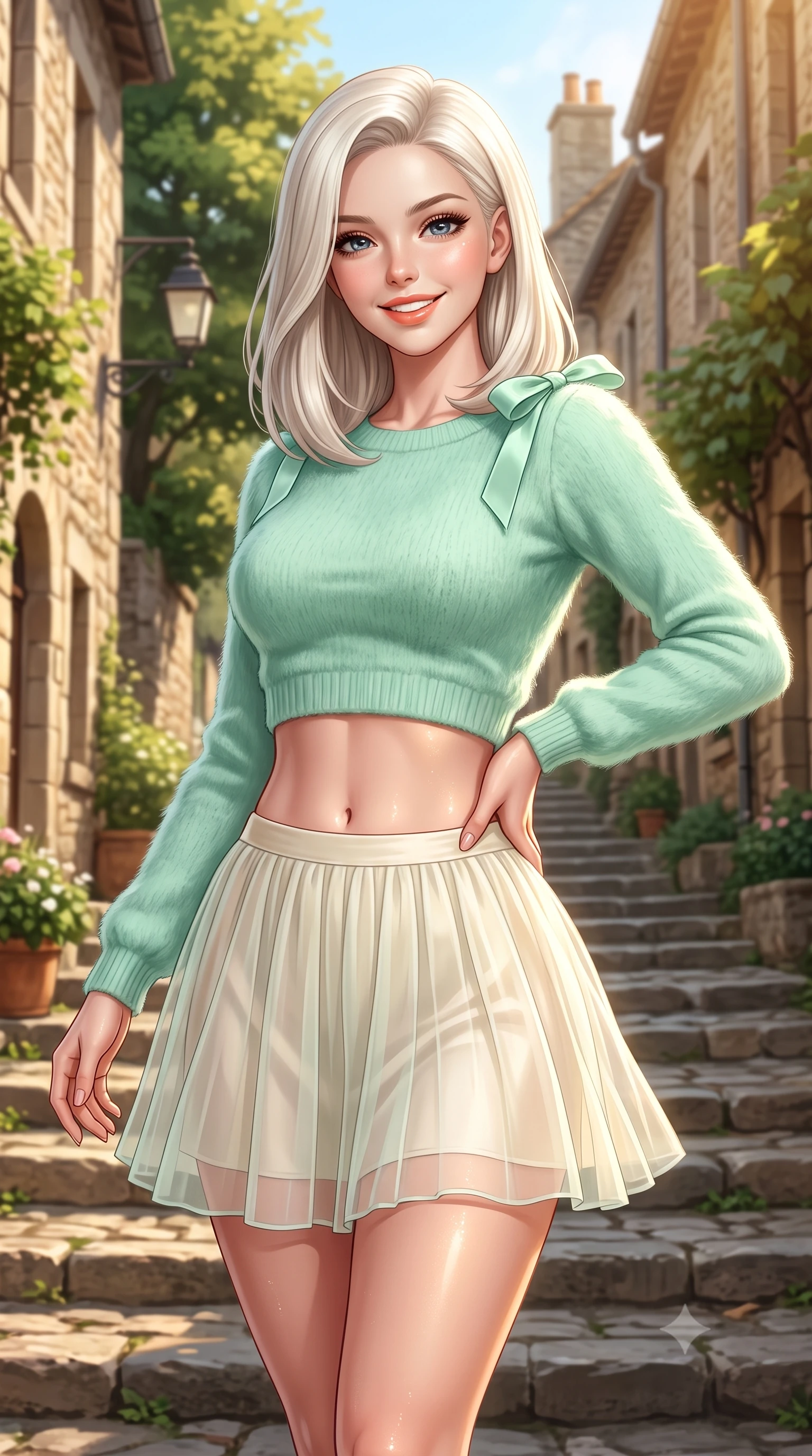 score_9, masterpiece, best quality, ultra-detailed, high-budget anime keyframe, semi-realistic 3D game render, editorial fashion photography, tasteful artistic composition, Caucasian woman. close-up cowboy shot from the waist and thighs up, the character dominates the composition, filling the frame with her large presence. tilting her head with a cute beaming smile while arching her spine with effortless dancer poise, one hand sliding along her hip line in a flirtatious S-curve while walking down the stone steps with sovereign grace, her trendy form-contouring real-way outfit hugging her narrow waist and feminine hips. The surrounding environment is rendered in vivid detail and crisp panoramic clarity. detailed denim and knit outfit texture, golden sun specular glints on skin, and Village streetscape clarity in high resolution. She has an exceptionally elegant, slender, and willowy female figure with an ultra-slim waist, flat toned midriff, narrow ribcage, and sculpted feminine hips creating an alluring, slim hourglass silhouette without bulk. sharp v-shaped jawline, high-bridge nose, intricate jewel-like sparkling eyes with depth, thick eyelashes, glossy parted lips with a natural peach sheen, bright cheerful beaming smile with an enchanting and coquettish sensual glint, exuding both youthful cute charm and seductive allure, flawlessly proportioned anatomical accuracy, strict slender model proportions, natural body alignment, perfectly sculpted long slender limbs, ultra-slim waistline, clean dynamic posture without body distortion. wearing a soft angora crop knit sweater with a sheer pleated organza mini skirt over an opaque silk slip in refreshing mint green and soft vanilla cream, crafted from soft cozy cashmere yarn with an airy drape, finished with cute satin bow ribbons tying at the shoulders, the form-fitting cut adhering flawlessly to her sculpted flat midriff and slender torso, emphasizing her long leg lines and perfectly proportioned willowy build. bathed in warm, golden afternoon sunlight streaming down the historic tree-lined street. highly saturated vibrant anime colors, detailed shading with soft gradients, rich glossy textures, high-contrast stereoscopic depth, volumetric dynamic lighting, master piece, 9:16 ratio