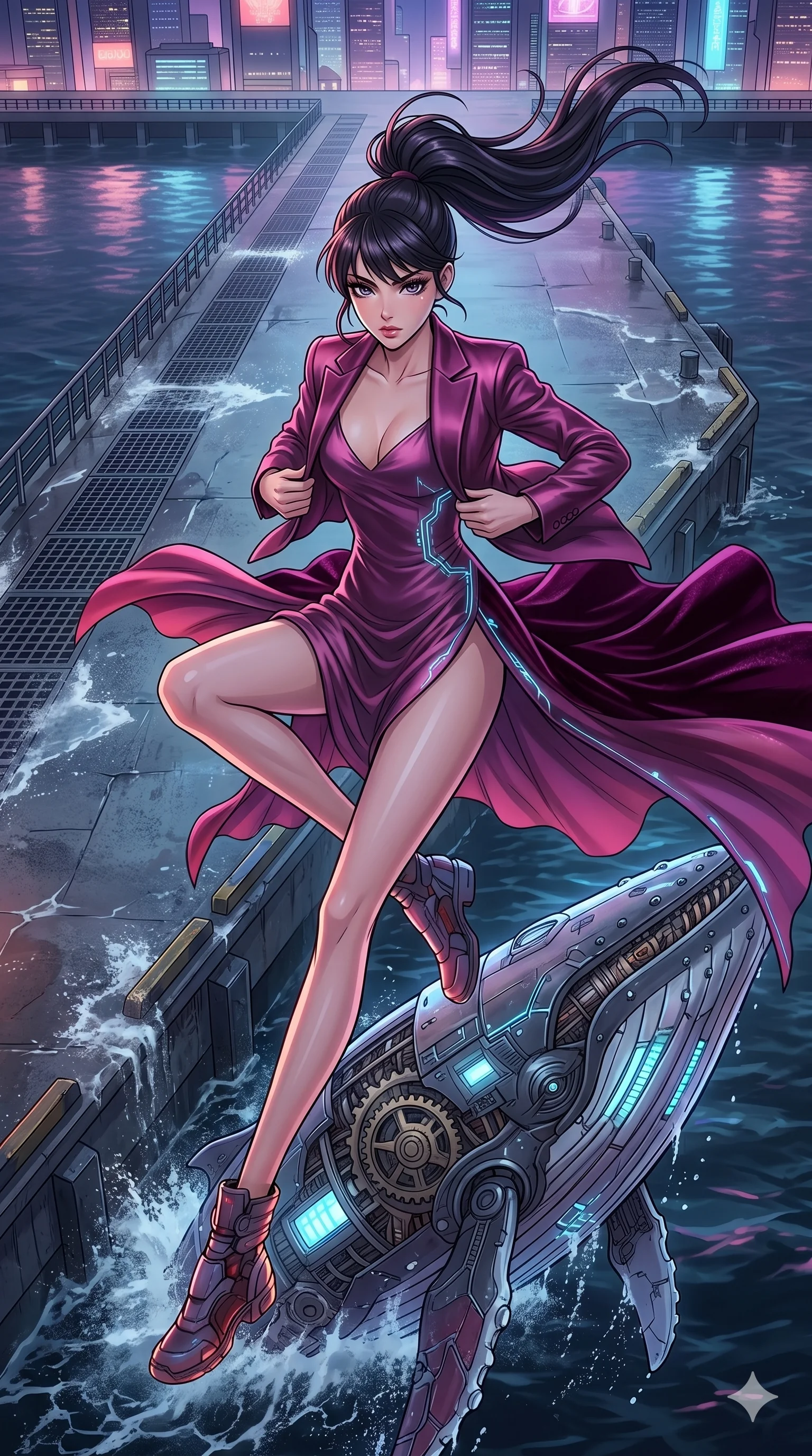 score_9, masterpiece, best quality, ultra-detailed, high-budget anime movie keyframe, cinematic anime lighting, intricate line art, Caucasian (strictly human ears) woman. Extreme high angle shot as she leaps towards the camera, filling the frame. gliding across a pier as a mechanical whale breaches the water. She has an absolutely perfect 8-heads proportion, an exceptionally tall and slender female figure with an ultra-slim waist and impossibly long slender legs. strictly human anatomy, two legs only, no extra limbs, clearly defined legs and arms, perfect anatomy, perfect hands and fingers. sharp v-shaped jawline, high-bridge nose, intricate jewel-like eyes, thick eyelashes, glossy lips. Wearing High-Fashion Editorial: Silk slip dress with high side slit, backless velvet gown, and structured blazer with nothing underneath. The scene is illuminated by dramatic atmospheric lighting and vibrant color palettes. , 2k, ultra detail, master piece, 9:16 ratio