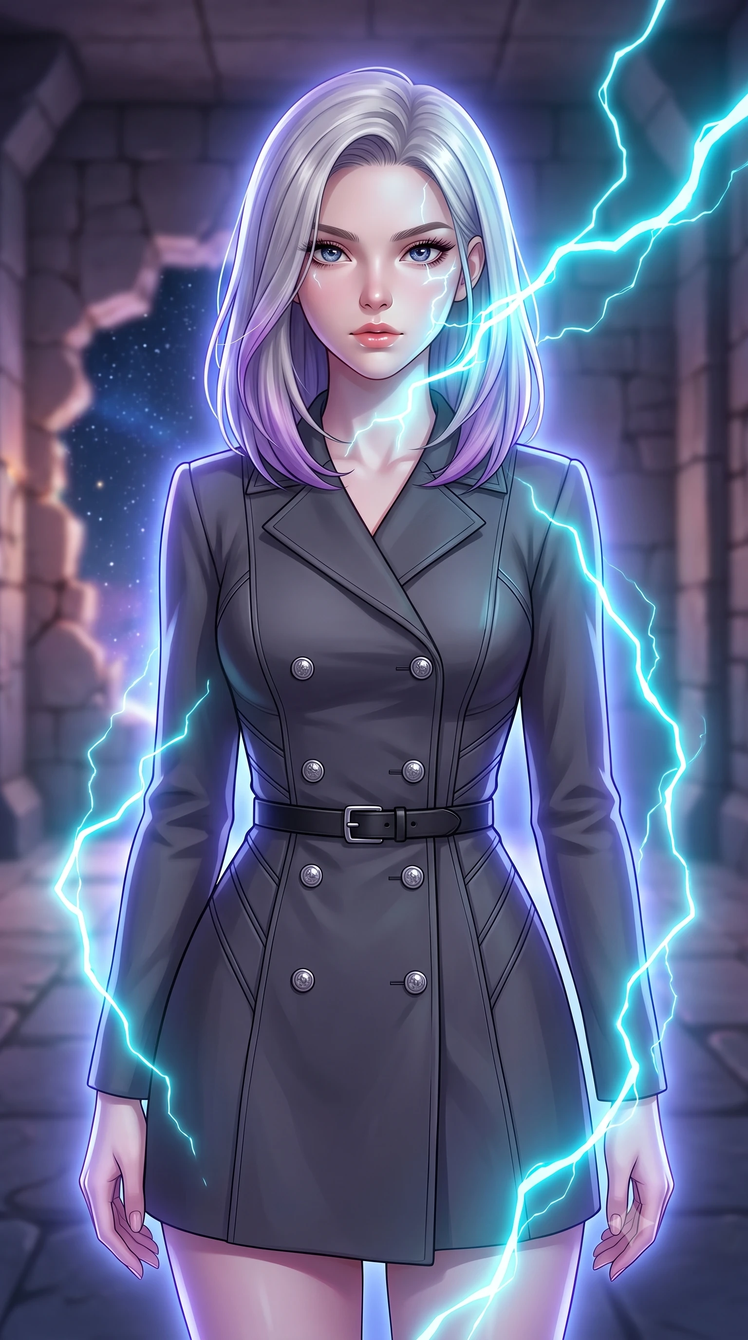 score_9, masterpiece, best quality, ultra-detailed, high-budget anime keyframe, editorial fashion photography, tasteful artistic composition, Caucasian woman, strictly human ears. close-up cowboy shot from the waist and thighs up, the character dominates the composition, filling the frame with her large presence, background elements kept in soft focus. Overloading the reactor core, her face illuminated by the bright cyan electrical energy arcing around her. set against a soft-focus background of a stone corridor of an alien fortress, where a plasma explosion has breached the wall revealing a starry space sky. She has an exceptionally elegant and slender, willowy female figure with an ultra-slim waist, a gracefully sculpted slender torso, and a refined slim physique. sharp v-shaped jawline, high-bridge nose, intricate jewel-like eyes with depth, thick eyelashes, glossy lips with a natural sheen. wearing tailored for maximum mobility, sleek form-contouring panels that allow fluid movement, a tailored double-breasted charcoal coat dress with silver buttons, styled with a slim black leather belt. highly saturated vibrant anime colors, intense vivid color palette, soft 3D volumetric shading, volumetric dynamic lighting, cool ethereal blue-violet bioluminescent glow wrapping around her from all sides. 2k, ultra detail, master piece, 9:16 ratio