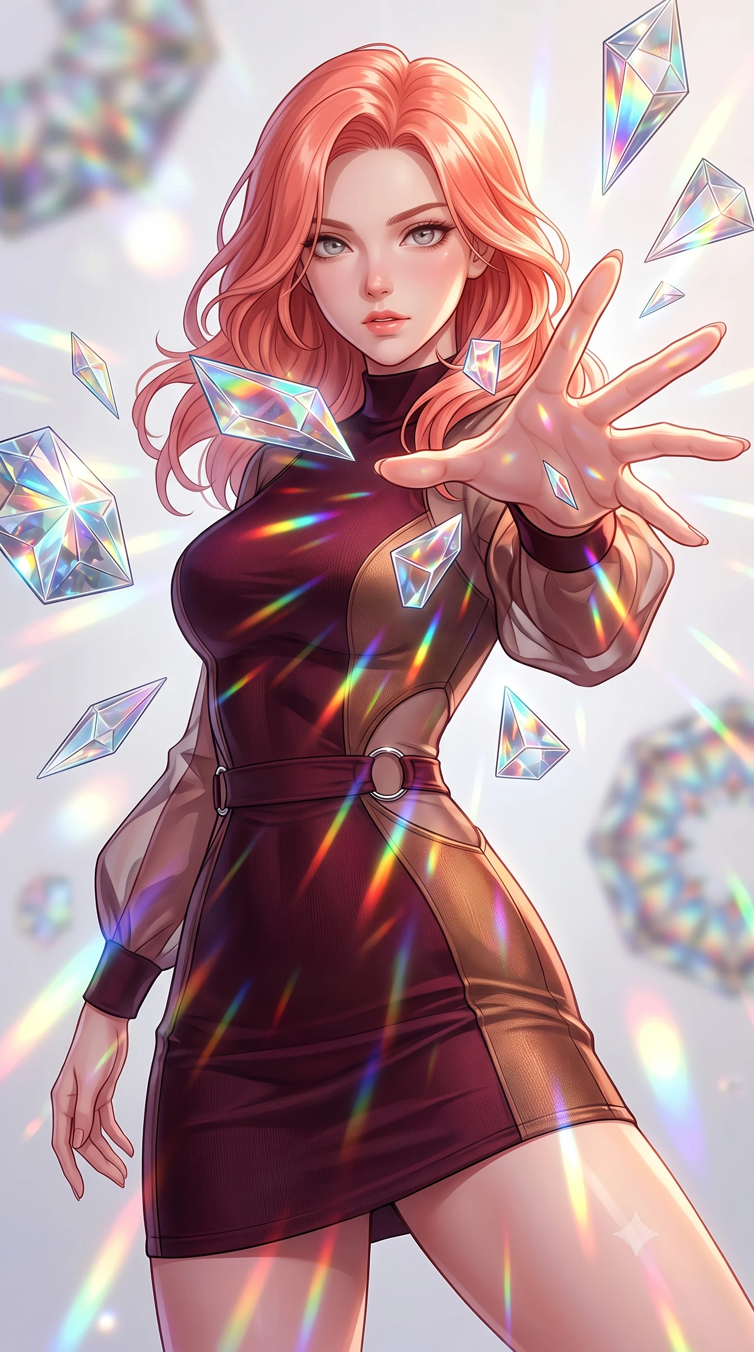 score_9, masterpiece, best quality, ultra-detailed, high-budget anime keyframe, editorial fashion photography, tasteful artistic composition, Japanese woman. close-up cowboy shot from the waist and thighs up, the character dominates the composition, filling the frame with her large presence, background elements kept in soft focus. Reaching her hand gracefully toward the camera with magnetic allure, her torso turning in a dynamic S-curve alignment while reaching her hand forward to catch floating glass kaleidoscope shards hovering in zero-gravity, shattered glass prisms scattering intense rainbow light rays across her athletic build. She has an exceptionally elegant, slender, and willowy female figure with an ultra-slim waist, a gracefully sculpted slender torso, and a refined silhouette. sharp v-shaped jawline, high-bridge nose, intricate jewel-like eyes with depth, thick eyelashes, glossy lips with a natural sheen, flawlessly proportioned anatomical accuracy, natural body alignment, perfectly sculpted elegant limbs, clean dynamic posture without body distortion. wearing a sleek bodycon knit dress with strategic sheer organza sleeve panels in deep burgundy and bronze, woven from fine semi-opaque sheer organza, accented with delicate chrome ring hardware framing her waist, the tailored fabric tightly following every curve of her athletic build. bathed in brilliant multi-color rainbow light refracting through floating glass prisms. highly saturated vibrant anime colors, detailed shading with soft gradients, rich glossy textures, high-contrast stereoscopic depth, volumetric dynamic lighting, master piece, 9:16 ratio
