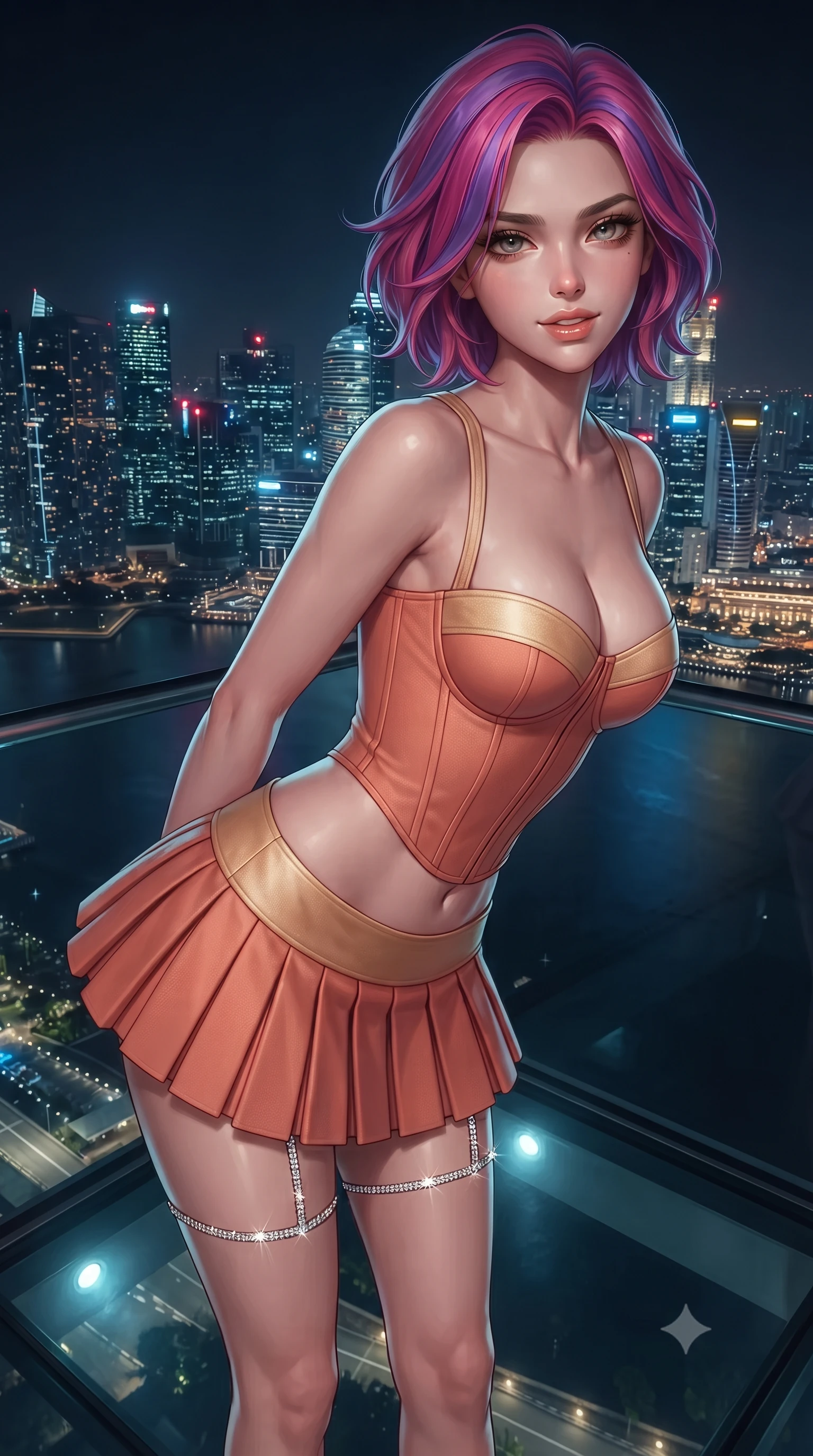 score_9, masterpiece, best quality, ultra-detailed, high-budget anime keyframe, editorial fashion photography, tasteful artistic composition, Caucasian woman. close-up cowboy shot from the waist and thighs up, the character dominates the composition, filling the frame with her large presence. leaning forward while arching her lower back to accentuate her curvy hips, looking into the camera with an intoxicating smoldering gaze and bedroom-eyes while standing poised on the cantilevered glass viewing deck 200 meters above the bay, arching her spine with sovereign supermodel poise as the illuminated Singapore skyline blazes. The surrounding environment is rendered in vivid detail and crisp panoramic clarity: detailed garment tailoring, bodycon or sheer fit, and futuristic mega-structure engineering in razor-sharp precision. She has an exceptionally elegant, slender, and willowy female figure with an ultra-slim waist, flat toned midriff, narrow ribcage, and sculpted feminine hips creating an alluring, slim hourglass silhouette without bulk. sharp v-shaped jawline, high-bridge nose, intricate jewel-like sparkling eyes with depth, thick eyelashes, glossy parted lips with a natural peach sheen, bright cheerful beaming smile with an enchanting and coquettish sensual glint, exuding both youthful cute charm and seductive allure, flawlessly proportioned anatomical accuracy, strict slender model proportions, natural body alignment, perfectly sculpted long slender limbs, ultra-slim waistline, clean dynamic posture without body distortion. wearing a structured boned corset top paired with an ultra-short low-rise pleated micro mini skirt in Palm Springs desert sunset coral and warm honey champagne, crafted from bespoke double-faced cashmere with an exceptionally soft tactile finish, finished with delicate crystal-encrusted thigh garter straps glinting in the dim light, the impeccably tailored cut draping gracefully along her slender figure with aristocratic poise. illuminated by bay water reflection bounce and sharp platinum-cyan rim lights sculpting her razor-sharp jawline, narrow waist, and curvy hips. ultra-reflective glossy finish, specular highlights, rich textural contrasts, high-contrast stereoscopic depth, volumetric dynamic lighting, 2k, ultra detail, master piece, 9:16 ratio