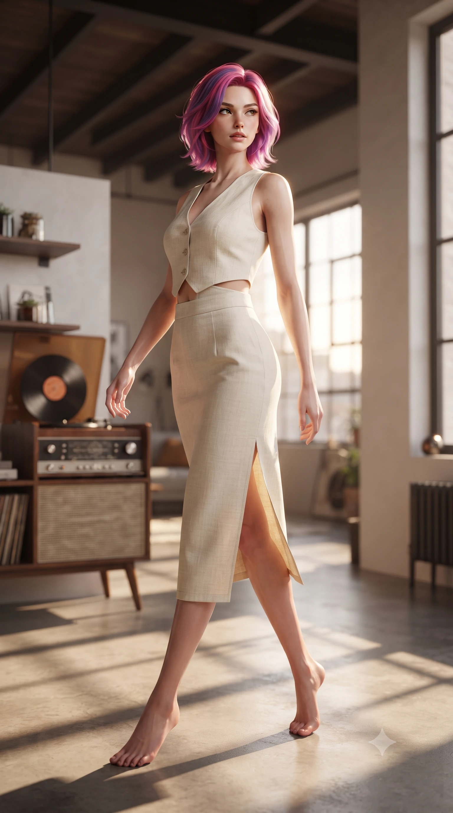 score_9, masterpiece, best quality, ultra-detailed, high-budget anime keyframe, editorial fashion photography, tasteful artistic composition, Caucasian woman. low angle full-body shot from head to toe showing her feet, filling the entire 9:16 vertical frame with her statuesque presence, stretching her vertical silhouette. stepping gracefully while looking back over her shoulder, her dress draped tightly to reveal her silhouette the background shows a soft-focus a modern loft studio apartment with high ceilings and a record player spinning a vinyl. She has an absolutely perfect, statuesque 8.5-heads proportion, an exceptionally tall and slender model-like female figure with impossibly long slender legs and an ultra-slim waist. sharp v-shaped jawline, high-bridge nose, intricate jewel-like eyes with depth, thick eyelashes, glossy lips with a natural sheen. wearing a body-hugging tailored vacation outfit of a linen crop vest and a matching side-slit midi skirt, revealing a subtle waist cutout. warm evening sunlight casting long geometric shadow lines across the floor. ultra-reflective glossy finish, specular highlights, metallic sheen, high-contrast stereoscopic depth, volumetric dynamic lighting, 2k, ultra detail, master piece, 9:16 ratio
