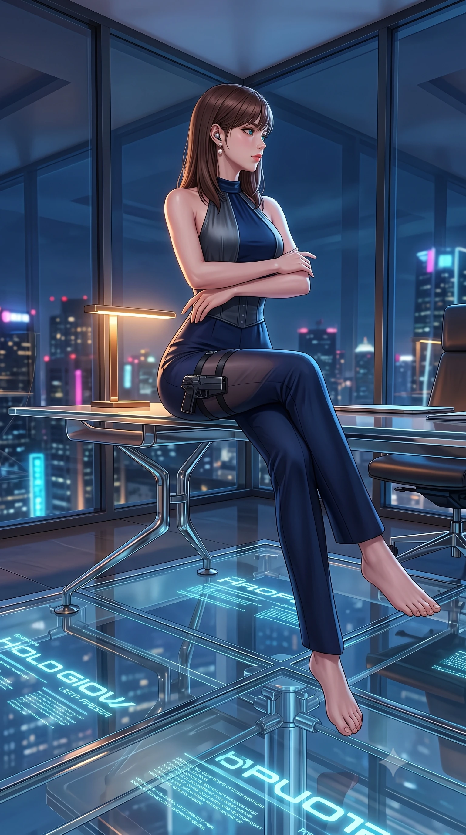 score_9, masterpiece, best quality, ultra-detailed, high-budget anime keyframe, semi-realistic 3D game render, editorial fashion photography, tasteful artistic composition, Korean woman. low angle full-body shot from head to toe showing her feet, filling the entire 9:16 vertical frame with her statuesque presence, stretching her vertical silhouette. executing an elegant mid-motion spin with effortless grace, her garments fluttering softly around her ultra-slim waistline while sitting on the edge of a floating chrome desk with arms folded loosely, gazing through the one-way panoramic glass into the night. The surrounding environment is rendered in vivid detail and crisp panoramic clarity. crystal-clear transparent glass floor panels, glowing holographic typography, and chrome furniture joints in deep focus. She has an absolutely perfect, statuesque 8.5-heads proportion, an exceptionally tall and slender model-like female figure with impossibly long slender legs, a toned flat midriff, and an ultra-slim waist. sharp v-shaped jawline, high-bridge nose, intricate jewel-like eyes with depth, thick eyelashes, glossy lips with a natural sheen, captivating and magnetic expression, flawlessly proportioned anatomical accuracy, strict slender model proportions, natural body alignment, perfectly sculpted long slender limbs, ultra-slim waistline, clean dynamic posture without body distortion. wearing a high-society undercover halter-neck jumpsuit with a tailored deep-V back and integrated tactical waist cincher in deep midnight blue and brushed gunmetal, tailored from fluid silk crepe with inner ballistic reinforcement, accessorized with a sleek concealed garter holster and pearl ear transmitter, the precision-cut daring openings accentuating her delicate midriff, graceful bare collarbones, and ultra-slim feminine waistline. surrounded by a mastermind, elite, and dangerously seductive intelligence director aura. highly saturated vibrant anime colors, detailed shading with soft gradients, rich glossy textures, high-contrast stereoscopic depth, volumetric dynamic lighting, master piece, 9:16 ratio