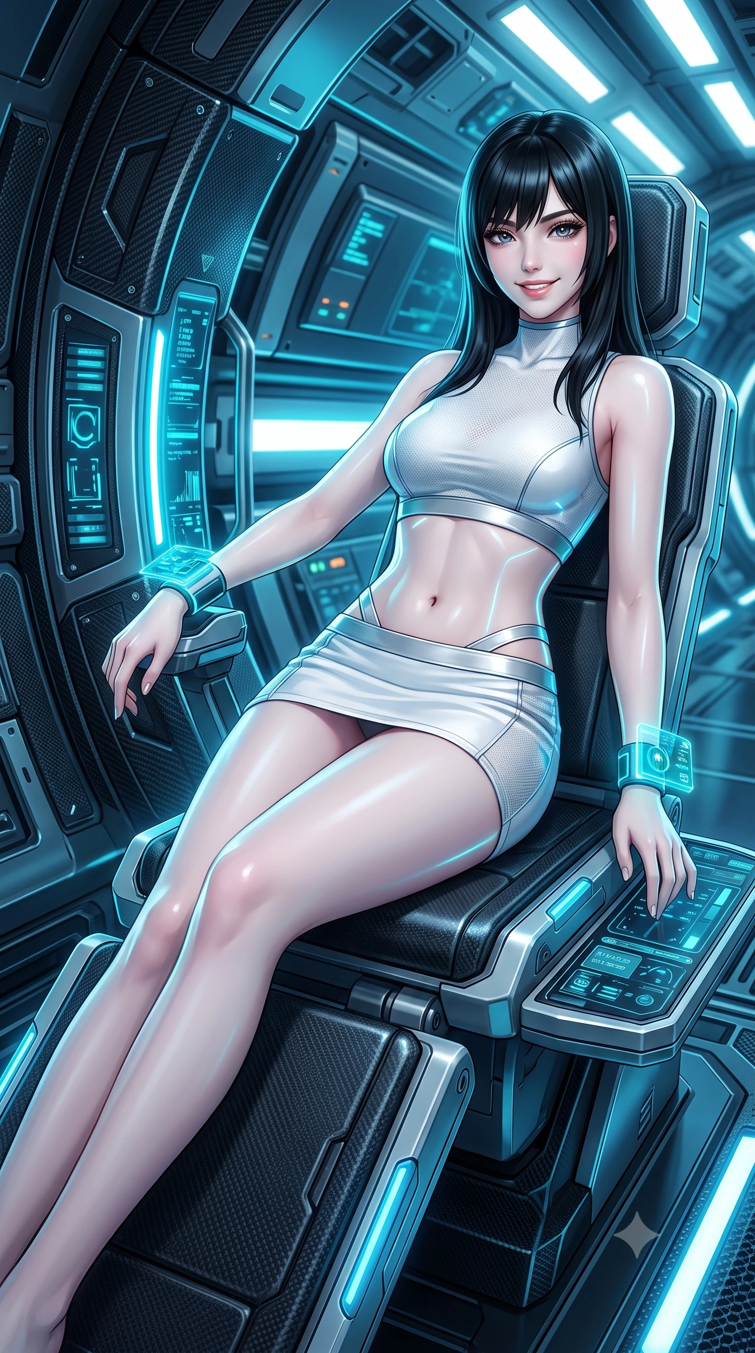 score_9, masterpiece, best quality, ultra-detailed, high-budget anime keyframe, semi-realistic 3D game render, editorial fashion photography, tasteful artistic composition, Caucasian woman. close-up cowboy shot from the waist and thighs up, the character dominates the composition, filling the frame with her large presence. leaning back against the glowing maintenance bulkhead with relaxed seductive grace, her flat midriff and narrow waist highlighted as laser ambient light traces her curves while lounging gracefully on a diagnostics terminal seat with legs extended, displaying her long slender limbs and toned flat midriff with majestic poise. The surrounding environment is rendered in vivid detail and crisp panoramic clarity: detailed carbon-fiber suit texture, Cherenkov blue specular highlights on armor, and particle physics tunnel architecture in high clarity. She has an exceptionally elegant, slender, and willowy female figure with an ultra-slim waist, flat toned midriff, narrow ribcage, and sculpted feminine hips creating an alluring, slim hourglass silhouette without bulk. sharp v-shaped jawline, high-bridge nose, intricate jewel-like sparkling eyes with depth, thick eyelashes, glossy parted lips with a natural sheen, bright confident smile with an enchanting and coquettish sensual glint, exuding both youthful magnetic charm and sovereign high-tech allure, flawlessly proportioned anatomical accuracy, strict slender model proportions, natural body alignment, perfectly sculpted long slender limbs, ultra-slim waistline, clean dynamic posture without body distortion. wearing a body-hugging modern carbon-alloy crop top paired with a low-rise tactical skirt and a subtle waist cut-out in pure alabaster white and brushed silver accents, crafted from sheer technical cyber-lace reinforced with ultra-thin Kevlar threads, featuring sleek glowing cyan HUD display wrist cuffs with floating data telemetry, the aerodynamic second-skin silhouette tightly following the natural contour of her hips and long slender legs with youthful 8.5-heads elegance. bathed in eerie Cherenkov blue luminescence and crisp white fluorescent tunnel lighting. highly saturated vibrant anime colors, detailed shading with soft gradients, rich glossy textures, high-contrast stereoscopic depth, volumetric dynamic lighting, master piece, 9:16 ratio