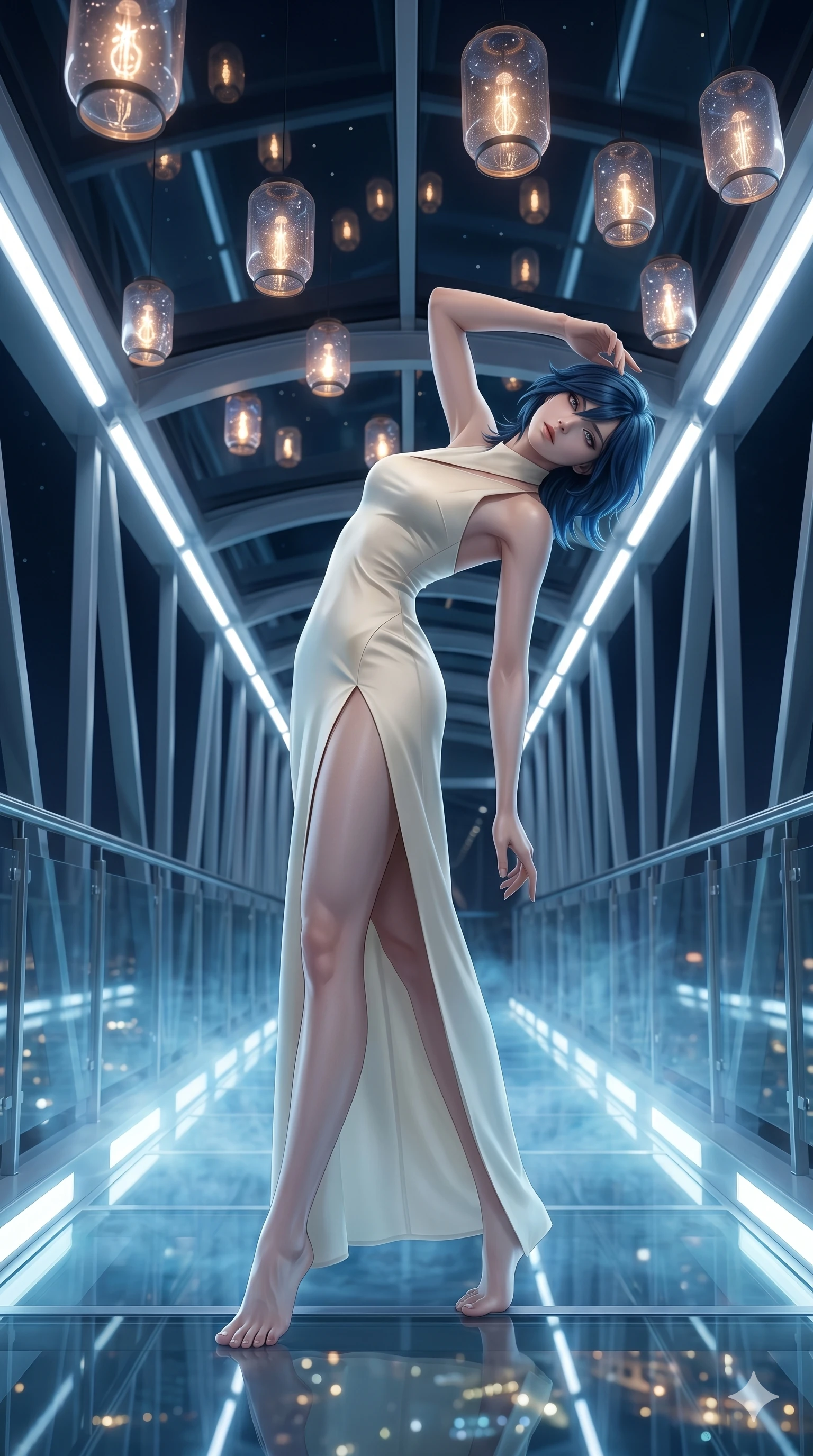 score_9, masterpiece, best quality, ultra-detailed, high-budget anime keyframe, editorial fashion photography, tasteful artistic composition, Caucasian woman, strictly human ears. low angle full-body shot from head to toe showing her feet, filling the entire 9:16 vertical frame with her statuesque presence, stretching her vertical silhouette. Arching her back in a graceful, controlled backward bend, creating a striking statuesque silhouette on a skybridge under a canopy of glowing celestial lanterns that drift in the wind, with a soft holographic mist slowly rising from the floor. She has an absolutely perfect 8-heads proportion, an exceptionally tall and slender female figure with impossibly long slender legs and an ultra-slim waist. V-shaped jawline, high-bridge nose, intricate jewel-like eyes with depth, thick eyelashes, glossy lips with a natural sheen. wearing a sculpted ivory silk gown with an asymmetric collar line and a daring front slit to mid-thigh. under cold white laboratory lights with soft blue fill lighting, creating a sterile yet beautiful mood. 2k, ultra detail, master piece, 9:16 ratio