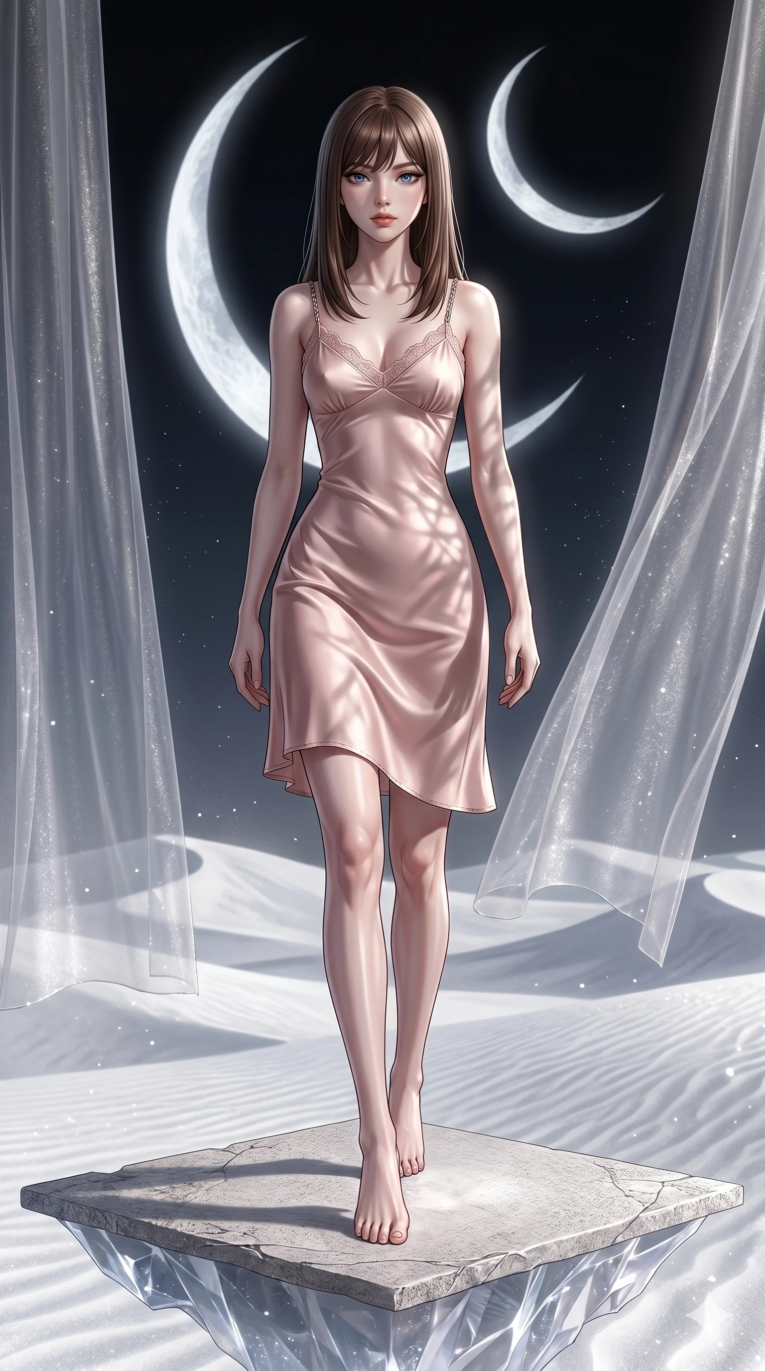 score_9, masterpiece, best quality, ultra-detailed, high-budget anime keyframe, editorial fashion photography, tasteful artistic composition, Korean woman. low angle full-body shot from head to toe showing her feet, filling the entire 9:16 vertical frame with her statuesque presence, stretching her vertical silhouette. Stepping powerfully forward onto an elevated surface on a levitating platform above shimmering white sand dunes under twin crescent moons. She has an absolutely perfect 8-heads proportion, an exceptionally tall and slender female figure with impossibly long slender legs and an ultra-slim waist. V-shaped jawline, high-bridge nose, intricate jewel-like eyes with depth, thick eyelashes, glossy lips with a natural sheen. wearing a blush silk-charmeuse architectural slip dress with delicate chain straps, a gentle V-neckline with lace trim, and a bias-cut body that drapes elegantly over her form and falls to mid-thigh. bathed in cold silver moonlight filtered through translucent gossamer curtains casting soft shadows on her curves. 2k, ultra detail, master piece, 9:16 ratio
