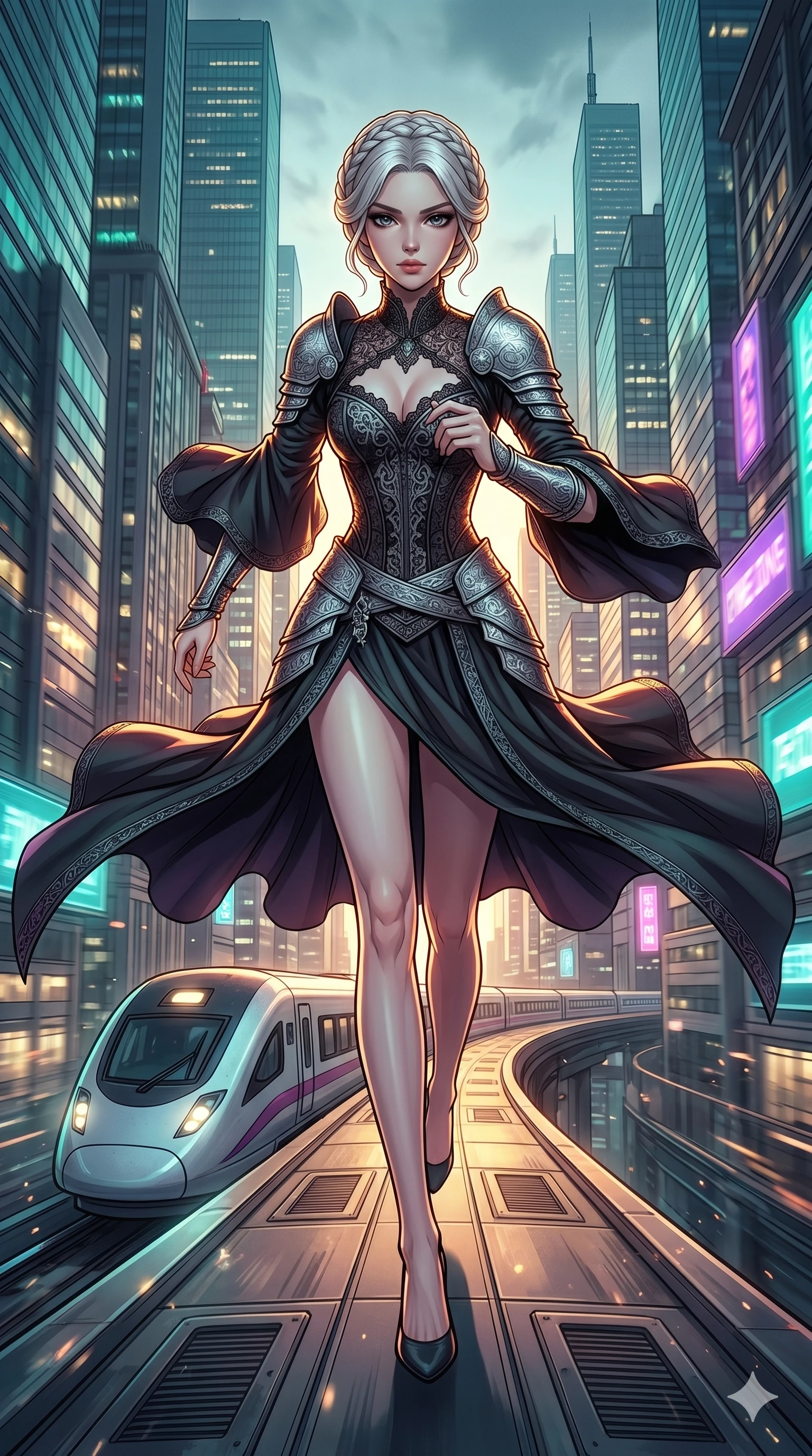 score_9, masterpiece, best quality, ultra-detailed, high-budget anime movie keyframe, cinematic anime lighting, intricate line art, Korean woman. Low angle cowboy shot capturing a powerful motion and statuesque presence. running along a moving train roof as it weaves through skyscrapers. She has an absolutely perfect 8-heads proportion, an exceptionally tall and slender female figure with an ultra-slim waist and impossibly long slender legs. strictly human anatomy, two legs only, no extra limbs, clearly defined legs and arms, perfect anatomy, perfect hands and fingers. sharp v-shaped jawline, high-bridge nose, intricate jewel-like eyes, thick eyelashes, glossy lips. Wearing Dark Fantasy: Gothic lace corset gown, bell-sleeved sorceress robes, and engraved silver plate armor over silk. The scene is illuminated by dramatic atmospheric lighting and vibrant color palettes. , 2k, ultra detail, master piece, 9:16 ratio
