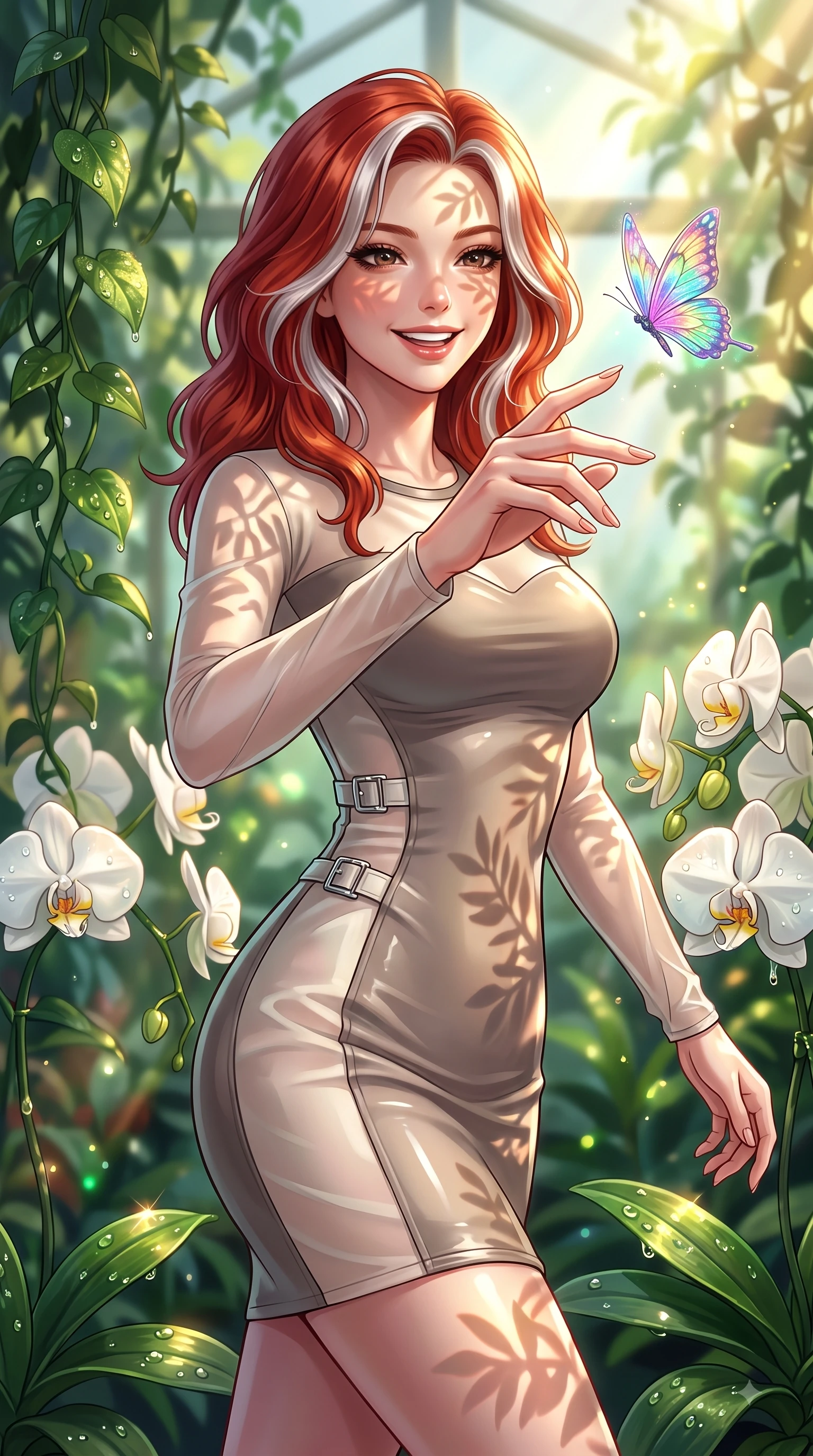 score_9, masterpiece, best quality, ultra-detailed, high-budget anime keyframe, editorial fashion photography, tasteful artistic composition, Caucasian woman. close-up cowboy shot from the waist and thighs up, the character dominates the composition, filling the frame with her large presence, background elements kept in soft focus. Gazing directly into the camera with a joyful, infectious smile as her torso curves dynamically in mid-stride while reaching one hand out with a joyful smile to intercept a hovering hologram butterfly, dewdrops on lush green vines and white orchids reflecting radiant gold and emerald. She has an exceptionally elegant, slender, and willowy female figure with an ultra-slim waist, a gracefully sculpted slender torso, and a refined silhouette. sharp v-shaped jawline, high-bridge nose, intricate jewel-like eyes with depth, thick eyelashes, glossy lips with a natural sheen, flawlessly proportioned anatomical accuracy, natural body alignment, perfectly sculpted elegant limbs, clean dynamic posture without body distortion. wearing a sleek bodycon knit dress with strategic sheer organza sleeve panels in muted taupe and soft ivory, woven from fine semi-opaque sheer organza, detailed with polished silver buckles along the waistline, the form-contouring material highlighting her ultra-slim waist and long lines. illuminated by brilliant sunbeams casting cheerful organic leaf stencil shadows. highly saturated vibrant anime colors, detailed shading with soft gradients, rich glossy textures, high-contrast stereoscopic depth, volumetric dynamic lighting, master piece, 9:16 ratio