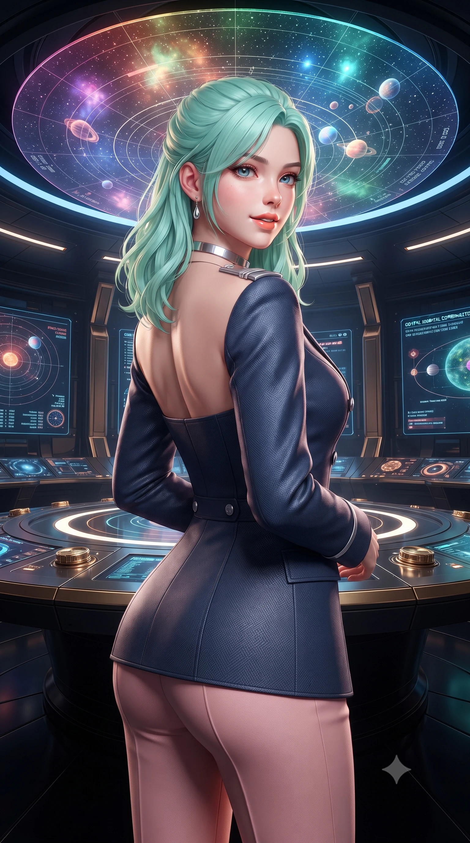 score_9, masterpiece, best quality, ultra-detailed, high-budget anime keyframe, editorial fashion photography, tasteful artistic composition, Japanese woman. close-up cowboy shot from the waist and thighs up, the character dominates the composition, filling the frame with her large presence. posing in an alluring rear three-quarter angle, looking over a bare shoulder with parted glossy lips, her hips cocked back to highlight her slim hourglass curve while standing poised at the center of the circular black obsidian war-room beneath a monumental 3D holographic star system map, arching her lower back with sovereign supermodel grace. The surrounding environment is rendered in vivid detail and crisp panoramic clarity: sharp circular black obsidian dais reflections, polished brass tactical dials, and crisp holographic orbital coordinate text in deep focus. She has an exceptionally elegant, slender, and willowy female figure with an ultra-slim waist, flat toned midriff, narrow ribcage, and sculpted feminine hips creating an alluring, slim hourglass silhouette without bulk. sharp v-shaped jawline, high-bridge nose, intricate jewel-like sparkling eyes with depth, thick eyelashes, glossy parted lips with a natural peach sheen, bright cheerful beaming smile with an enchanting and coquettish sensual glint, exuding both youthful cute charm and seductive allure, flawlessly proportioned anatomical accuracy, strict slender model proportions, natural body alignment, perfectly sculpted long slender limbs, ultra-slim waistline, clean dynamic posture without body distortion. wearing a tailored orbital navy officer dress uniform featuring a structured double-breasted coat with silver epaulets, high mandarin collar, and matching pressed slacks in Solaris liquid rose-quartz and alien peach, woven from structured carbon-fiber jacquard with rich textural depth, finished with a minimalist chrome choker and a single teardrop diamond pendant, the bespoke structured tailoring following the natural line of her 8.5-heads silhouette with refined elegance. bathed in the multi-colored celestial glow of the rotating holographic star system contrasted with subtle floor-level warm lights. ultra-reflective glossy finish, specular highlights, rich textural contrasts, high-contrast stereoscopic depth, volumetric dynamic lighting, 2k, ultra detail, master piece, 9:16 ratio