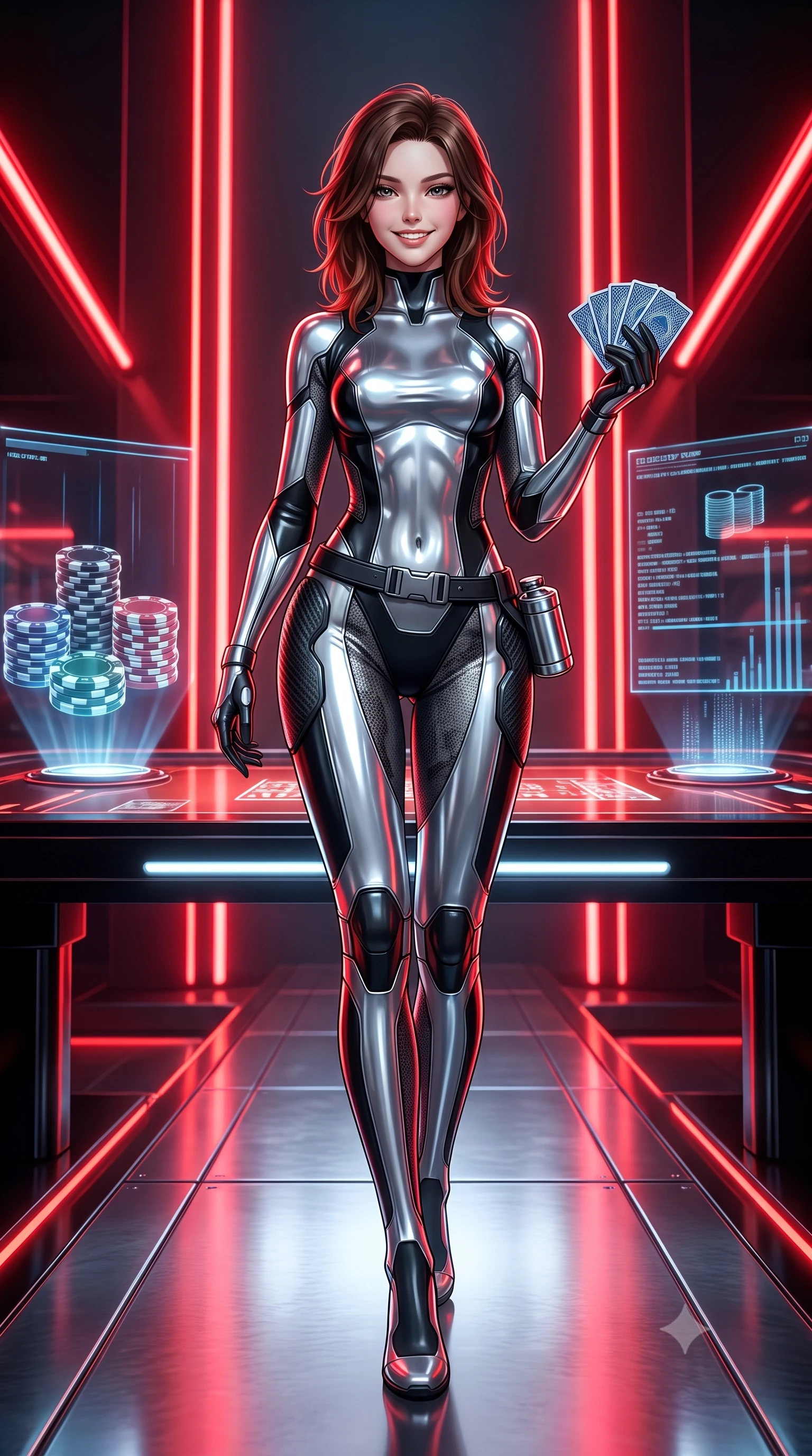 score_9, masterpiece, best quality, ultra-detailed, high-budget anime keyframe, semi-realistic 3D game render, editorial fashion photography, tasteful artistic composition, Korean woman. low angle full-body shot from head to toe showing her feet, filling the entire 9:16 vertical frame with her statuesque presence, stretching her vertical silhouette. striding forward gracefully across the reflective metal deck in mid-motion with a radiant beaming smile, hips swaying in an alluring kinetic rhythm that accentuates her curvy hourglass silhouette and long slender legs while standing poised between soaring red neon columns with hips cocked, holding an electronic card deck while casting a smoldering, sovereign gaze. The surrounding environment is rendered in vivid detail and crisp panoramic clarity: sharp holographic chip stack projections, polished black lacquer table reflections, and red neon tube clarity in deep focus. She has an absolutely perfect, statuesque 8.5-heads proportion, an exceptionally tall and slender model-like female figure with impossibly long slender legs, an ultra-slim waist, a flat toned midriff, narrow delicate ribcage, and beautifully sculpted feminine hips creating a graceful, slim hourglass silhouette without any bulky heaviness. sharp v-shaped jawline, high-bridge nose, intricate jewel-like sparkling eyes with depth, thick eyelashes, glossy parted lips with a natural sheen, bright confident smile with an enchanting and coquettish sensual glint, exuding both youthful magnetic charm and sovereign high-tech allure, flawlessly proportioned anatomical accuracy, strict slender model proportions, natural body alignment, perfectly sculpted long slender limbs, ultra-slim waistline, clean dynamic posture without body distortion. wearing a second-skin cybernetic stealth suit with active-camo optical mesh and sculpted carbon hip guards in liquid chrome silver and pitch black, made of smooth liquid latex with high-contrast stereoscopic depth and wet shine, accented with a sleek utility belt with polished magnetic canisters resting loosely on her curvy hips, the liquid-tight tailored fabric clinging flawlessly to her narrow waist and rounded feminine hips, emphasizing every millimeter of her sculpted slim hourglass curves without any bulky heaviness. illuminated by glowing table surfaces and sharp scarlet rim lights carving her sculpted collarbones, ultra-slim waist, and curvy hips. highly saturated vibrant anime colors, detailed shading with soft gradients, rich glossy textures, high-contrast stereoscopic depth, volumetric dynamic lighting, master piece, 9:16 ratio