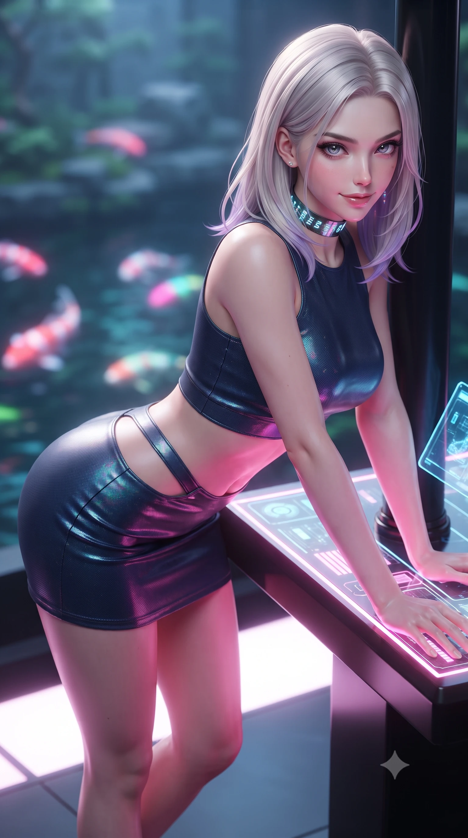 score_9, masterpiece, best quality, ultra-detailed, high-budget anime keyframe, editorial fashion photography, tasteful artistic composition, Caucasian woman. close-up cowboy shot from the waist and thighs up, the character dominates the composition, filling the frame with her large presence. leaning forward over the illuminated command console while arching her lower back to accentuate her curvy hips, looking into the camera with a confident smoldering smile and intense bedroom-eyes while leaning against a minimalist black lacquer pillar propped on one arm, her flat midriff and long slender limbs radiant in pink neon glow. The background shows a soft-focus a quiet digital koi pond with swimming neon fish softened in poetic futuristic Japanese shallow focus. She has an exceptionally elegant, slender, and willowy female figure with an ultra-slim waist, flat toned midriff, narrow ribcage, and sculpted feminine hips creating an alluring, slim hourglass silhouette without bulk. sharp v-shaped jawline, high-bridge nose, intricate jewel-like sparkling eyes with depth, thick eyelashes, glossy parted lips with a natural sheen, bright confident smile with an enchanting and coquettish sensual glint, exuding both youthful magnetic charm and sovereign high-tech allure, flawlessly proportioned anatomical accuracy, strict slender model proportions, natural body alignment, perfectly sculpted long slender limbs, ultra-slim waistline, clean dynamic posture without body distortion. wearing a body-hugging modern carbon-alloy crop top paired with a low-rise tactical skirt and a subtle waist cut-out in midnight navy blue and holographic iridescent shimmer, crafted from lightweight aerodynamic matte carbon-fiber weave with structural stiffness, complemented by a high-tech holographic choker projecting miniature glyphs, the form-fitting tactical tailoring adhering flawlessly to her sculpted flat midriff and slender torso, emphasizing her long leg lines and perfectly proportioned willowy build. illuminated by floor light panels and sharp rose-gold rim lighting sculpting her razor-sharp jawline, narrow waist, and curvy hips. ultra-reflective glossy finish, specular highlights, rich textural contrasts, high-contrast stereoscopic depth, volumetric dynamic lighting, 2k, ultra detail, master piece, 9:16 ratio