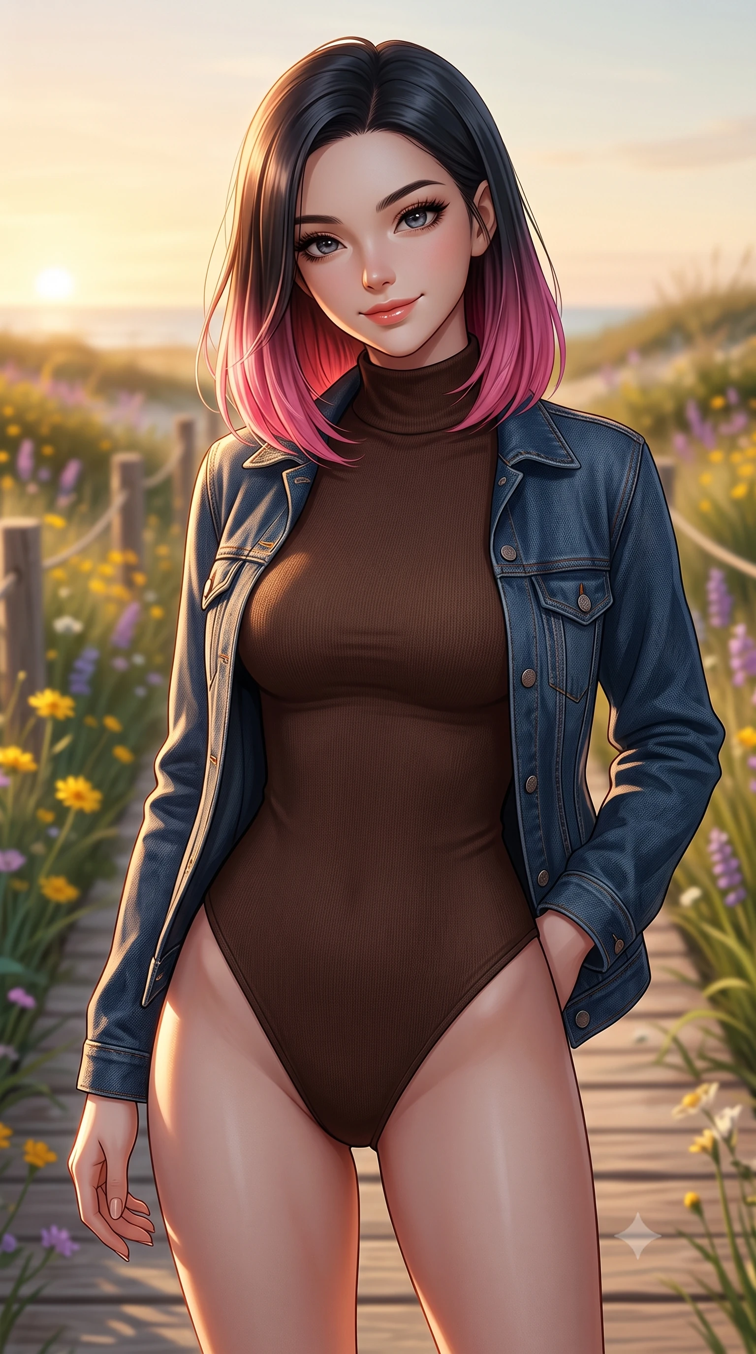 score_9, masterpiece, best quality, ultra-detailed, high-budget anime keyframe, editorial fashion photography, tasteful artistic composition, Korean woman woman. close-up cowboy shot from the waist and thighs up, the character dominates the composition, filling the frame with her large presence, background elements kept in soft focus. tilting her head slightly with a gentle, friendly smile under the warm sun the background shows a soft-focus a wooden coastal boardwalk lined with wild flowers and green seagrass. She has an exceptionally elegant, slender, and willowy female figure with an ultra-slim waist, a gracefully sculpted slender torso, and a refined silhouette. sharp v-shaped jawline, high-bridge nose, intricate jewel-like eyes with depth, thick eyelashes, glossy lips with a natural sheen. wearing a body-hugging form-contouring high-neck bodysuit in dark brown, worn under a tailored open denim jacket. late afternoon golden light casting long, elegant shadows. 2k, ultra detail, master piece, 9:16 ratio