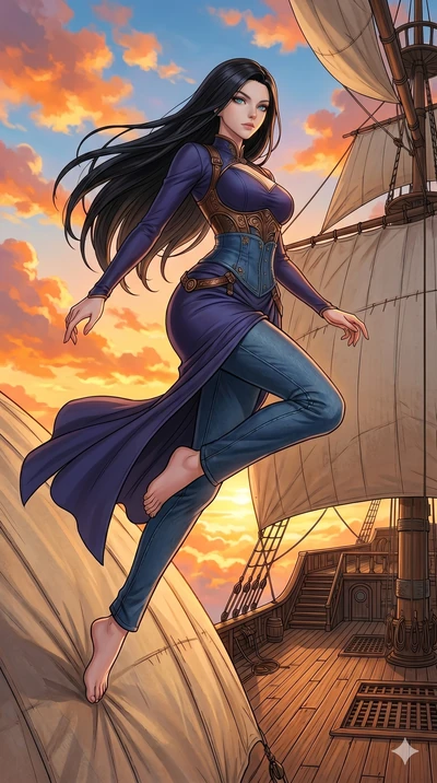 score_9, masterpiece, best quality, ultra-detailed, Set C: High-budget Anime Keyframe, Korean woman. Low angle cowboy shot filling the entire 9:16 frame with her statuesque presence. Leaping across the sails of a giant airship in the clouds at sunset