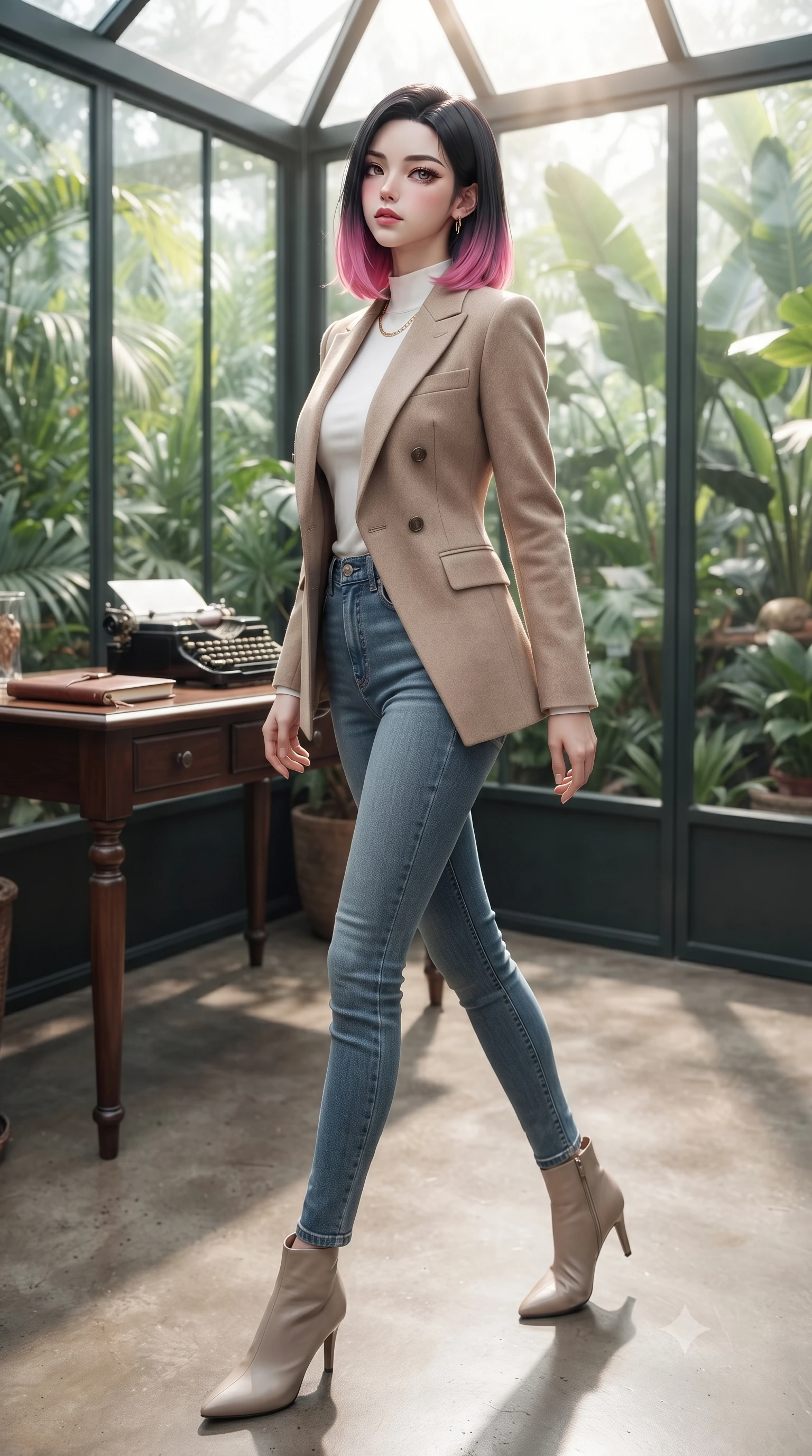 score_9, masterpiece, best quality, ultra-detailed, high-budget anime keyframe, editorial fashion photography, tasteful artistic composition, Korean woman. low angle full-body shot from head to toe showing her feet, filling the entire 9:16 vertical frame with her statuesque presence, stretching her vertical silhouette. stepping gracefully while looking back over her shoulder, her dress draped tightly to reveal her silhouette the background shows a soft-focus a quiet writing desk in a sunroom, facing a tropical botanical garden. She has an absolutely perfect, statuesque 8.5-heads proportion, an exceptionally tall and slender model-like female figure with impossibly long slender legs and an ultra-slim waist. sharp v-shaped jawline, high-bridge nose, intricate jewel-like eyes with depth, thick eyelashes, glossy lips with a natural sheen. wearing a body-hugging tailored double-breasted blazer in sand wool, worn over a white mock-neck tee and denim jeans. bright morning sun rays creating fresh and energetic shadows. ultra-reflective glossy finish, specular highlights, metallic sheen, high-contrast stereoscopic depth, volumetric dynamic lighting, 2k, ultra detail, master piece, 9:16 ratio