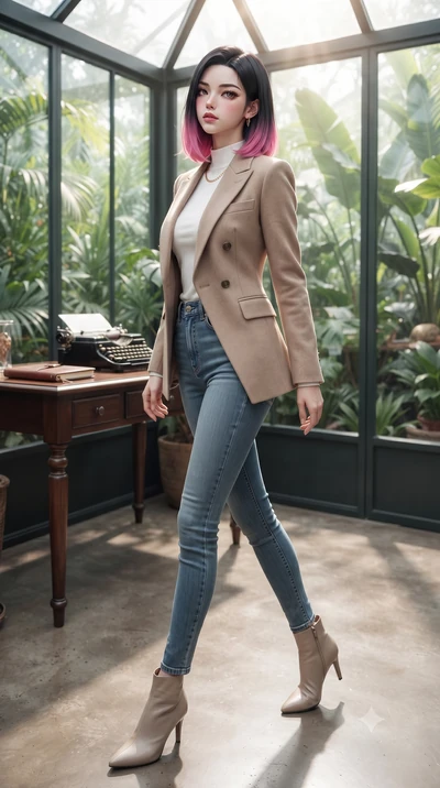 score_9, masterpiece, best quality, ultra-detailed, high-budget anime keyframe, editorial fashion photography, tasteful artistic composition, Korean woman. low angle full-body shot from head to toe showing her feet, filling the entire 9:16 vertical f