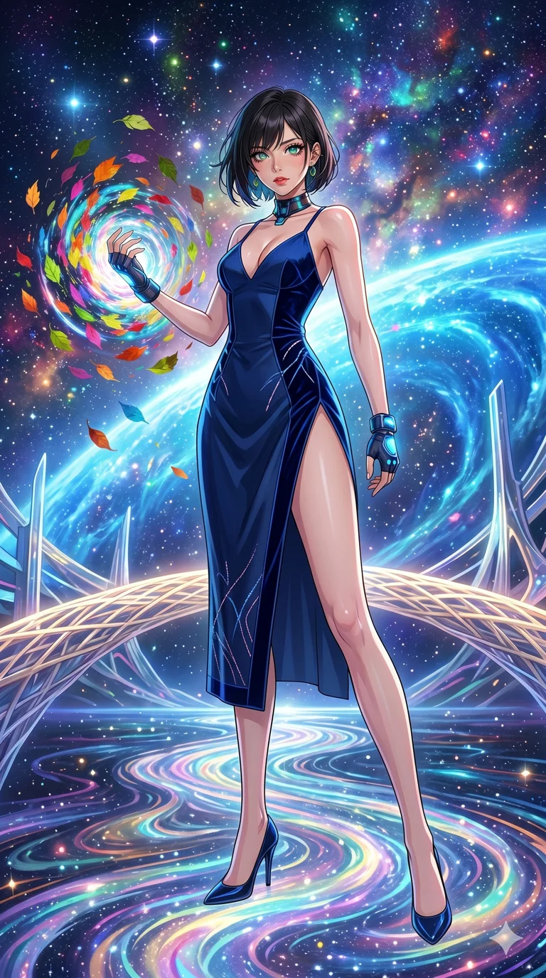 score_9, masterpiece, best quality, ultra-detailed, High-budget Anime Keyframe, beautiful Japanese anime girl. Low angle cowboy shot filling the entire 9:16 frame with her statuesque presence. Standing on a bridge of light over a river of liquid starlight in a cosmic dimension. She has an absolutely perfect 8-heads proportion, an exceptionally tall and slender female figure with impossibly long slender legs and an ultra-slim waist. Sharp v-shaped jawline, high-bridge nose, intricate jewel-like eyes with depth, thick eyelashes, glossy lips with a natural sheen. Wearing a High-Fashion Editorial outfit: midnight blue slip dress with a dangerously high side slit and velvet detail. Background is a bright and colorful starry sea with a glowing blue wave and nebula sky. 2k, ultra detail, master piece, 9:16 ratio