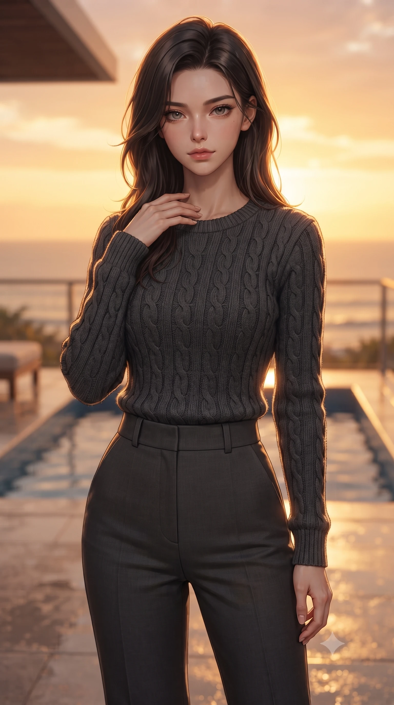 score_9, masterpiece, best quality, ultra-detailed, high-budget anime keyframe, editorial fashion photography, tasteful artistic composition, Korean woman woman. close-up cowboy shot from the waist and thighs up, the character dominates the composition, filling the frame with her large presence, background elements kept in soft focus. standing with one hand resting on her collarbone, looking at the viewer with bedroom-eyes the background shows a soft-focus a private splash pool on the balcony of a beach villa, looking at ocean horizon. She has an exceptionally elegant, slender, and willowy female figure with an ultra-slim waist, a gracefully sculpted slender torso, and a refined silhouette. sharp v-shaped jawline, high-bridge nose, intricate jewel-like eyes with depth, thick eyelashes, glossy lips with a natural sheen. wearing a slim-fit cozy cable-knit sweater in charcoal wool, paired with high-waisted dark grey slacks. brilliant golden hour sunset tracing her silhouette with a soft glowing rim light. ultra-reflective glossy finish, specular highlights, metallic sheen, high-contrast stereoscopic depth, volumetric dynamic lighting, 2k, ultra detail, master piece, 9:16 ratio