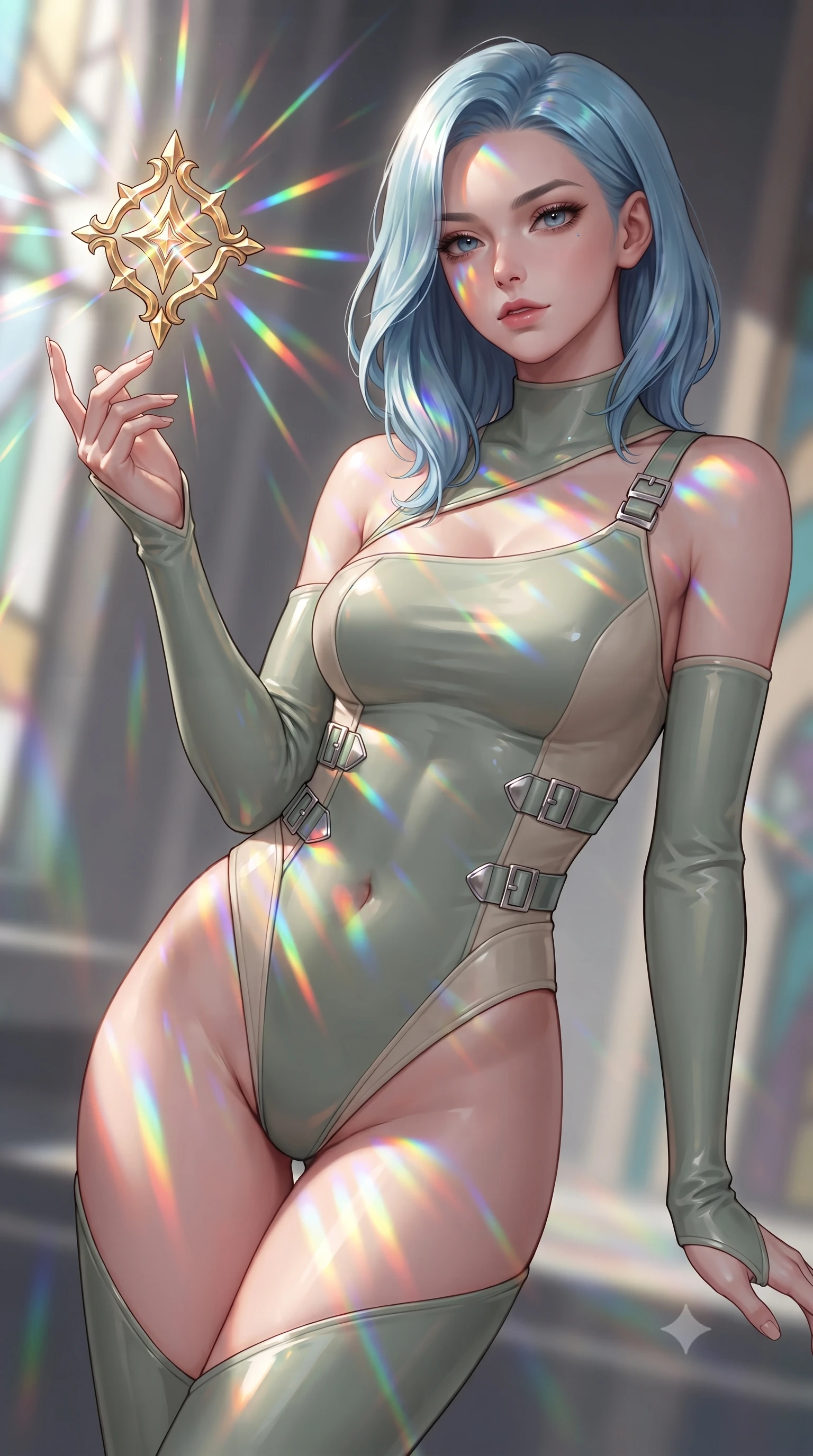 score_9, masterpiece, best quality, ultra-detailed, high-budget anime keyframe, editorial fashion photography, tasteful artistic composition, Korean woman. close-up cowboy shot from the waist and thighs up, the character dominates the composition, filling the frame with her large presence, background elements kept in soft focus. Leaning slightly forward with a composed, seductive gaze under soft glowing light touching a floating golden icon surrounded by kaleidoscope light rays, vibrant rainbow light patterns projected across her skin and costume. She has an exceptionally elegant, slender, and willowy female figure with an ultra-slim waist, a gracefully sculpted slender torso, and a refined silhouette. sharp v-shaped jawline, high-bridge nose, intricate jewel-like eyes with depth, thick eyelashes, glossy lips with a natural sheen. wearing an asymmetrical high-cut tech-bodysuit with detached sleeves in sage green and oatmeal, formed from sleek second-skin neoprene, detailed with polished silver buckles along the waistline, the elegant draped fit framing her graceful clavicle and slender torso. bathed in cascading rainbow prismatic light refracting through stained glass. ultra-reflective glossy finish, specular highlights, metallic sheen, high-contrast stereoscopic depth, volumetric dynamic lighting, 2k, ultra detail, master piece, 9:16 ratio