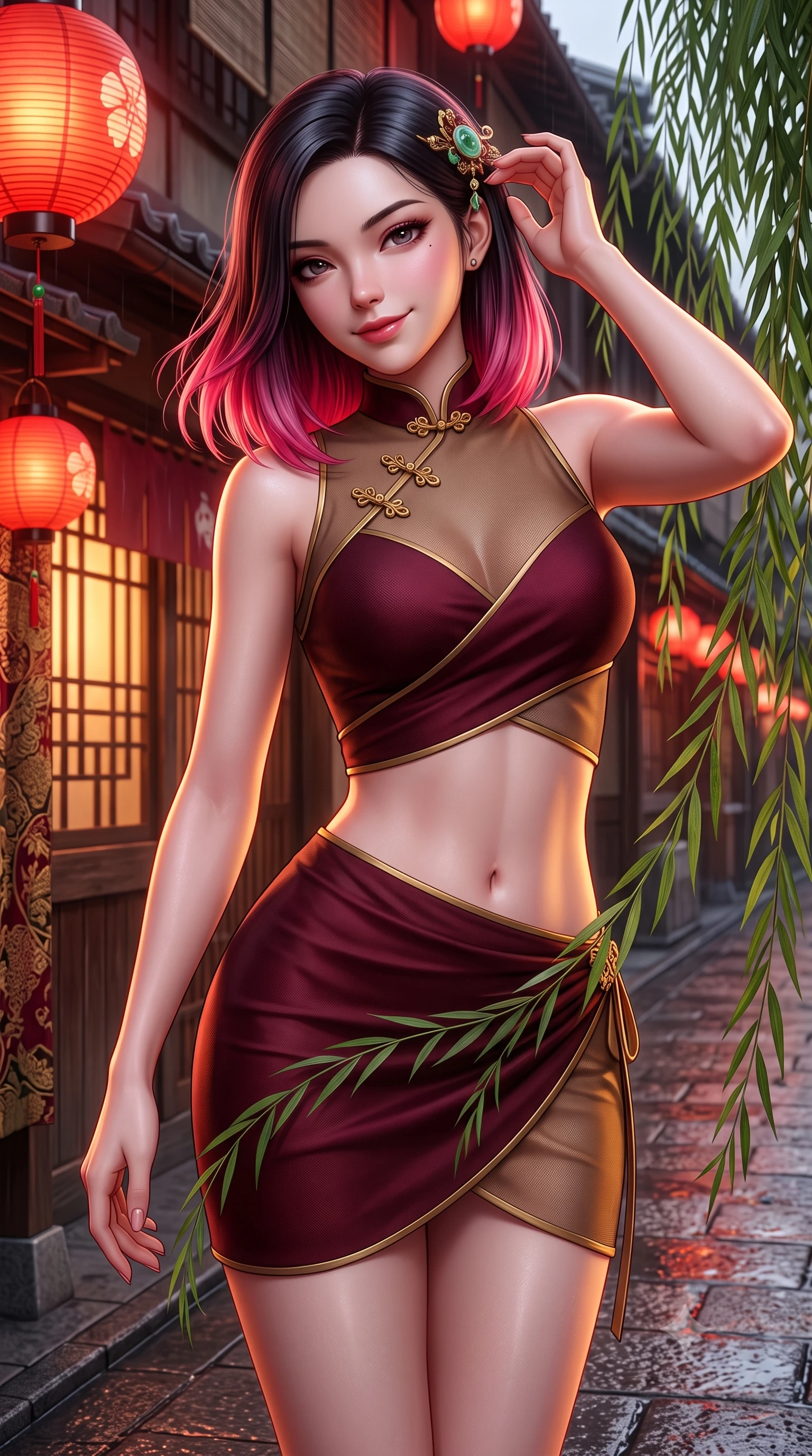 score_9, masterpiece, best quality, ultra-detailed, high-budget anime keyframe, semi-realistic 3D game render, editorial fashion photography, tasteful artistic composition, Korean woman. close-up cowboy shot from the waist and thighs up, the character dominates the composition, filling the frame with her large presence. tilting her head with an alluring smile while arching her spine with dancer poise, one hand touching her ornate jade hairpin in a flirtatious S-curve while twisting her slender torso in an alluring contrapposto stance, trailing weeping willow fronds brushing past her tight fusion dress and hips. The surrounding environment is rendered in vivid detail and crisp panoramic clarity: detailed brocade fabric weave, rain-kissed pavement sheen, and traditional Kyoto street architecture in razor-sharp clarity. She has an exceptionally elegant, slender, and willowy female figure with an ultra-slim waist, flat toned midriff, narrow ribcage, and sculpted feminine hips creating an alluring, slim hourglass silhouette without bulk. sharp v-shaped jawline, high-bridge nose, intricate jewel-like dark sparkling almond eyes with depth, thick lashes, glossy parted lips with a natural rose-plum sheen, bright alluring and coquettish smile with bedroom-eyes, exuding both timeless oriental elegance and sovereign high-fashion allure, flawlessly proportioned anatomical accuracy, strict slender model proportions, natural body alignment, perfectly sculpted long slender limbs, ultra-slim waistline, clean dynamic posture without body distortion. wearing a sleek two-piece set featuring an asymmetric cross-over crop top and a wrap-around micro skirt tracing her hips in deep wine burgundy and brushed antique gold, made of sheer technical micro-mesh with contouring shadow effects, accented with intricate gold frog buttons and a delicate mandarin collar, the form-contouring cut accentuating her sculpted flat midriff, narrow delicate ribcage, and gracefully curvy hips with regal oriental supermodel elegance. bathed in the warm nostalgic glow of red paper street lanterns and teahouse window spill. highly saturated vibrant anime colors, detailed shading with soft gradients, rich glossy textures, high-contrast stereoscopic depth, volumetric dynamic lighting, master piece, 9:16 ratio