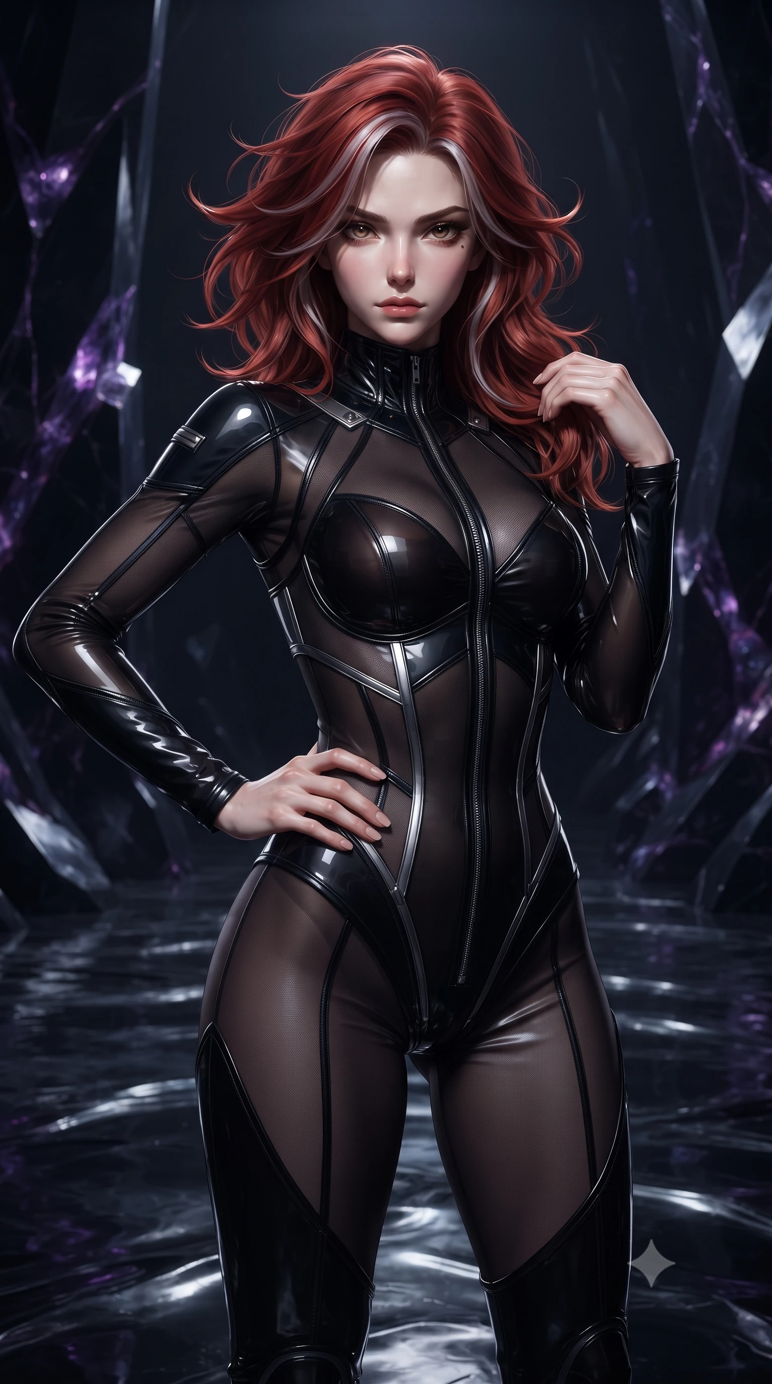 score_9, masterpiece, best quality, ultra-detailed, high-budget anime keyframe, editorial fashion photography, tasteful artistic composition, Caucasian woman. close-up cowboy shot from the waist and thighs up, the character dominates the composition, filling the frame with her large presence, background elements kept in soft focus. Holding a confident power pose with one hand on her hip, navigating an obsidian needle monolith chamber illuminated by dark violet crystal veins, dramatic obsidian reflections dancing across the dark glossy floor. She has an exceptionally elegant, slender, and willowy female figure with an ultra-slim waist, a gracefully sculpted slender torso, and a refined silhouette. sharp v-shaped jawline, high-bridge nose, intricate jewel-like eyes with depth, thick eyelashes, glossy lips with a natural sheen. wearing translucent liquid acrylic splash bodysuit with semi-opaque dark mesh in pitch-black onyx, made of polished black leather, finished with metallic silver boning and sleek zipper points, highlighting her statuesque proportions and ultra-slim waistline. bathed in dramatic chiaroscuro with a single sharp key light emerging from pitch-black shadows. highly saturated vibrant anime colors, detailed shading with soft gradients, rich glossy textures, high-contrast stereoscopic depth, volumetric dynamic lighting, master piece, 9:16 ratio