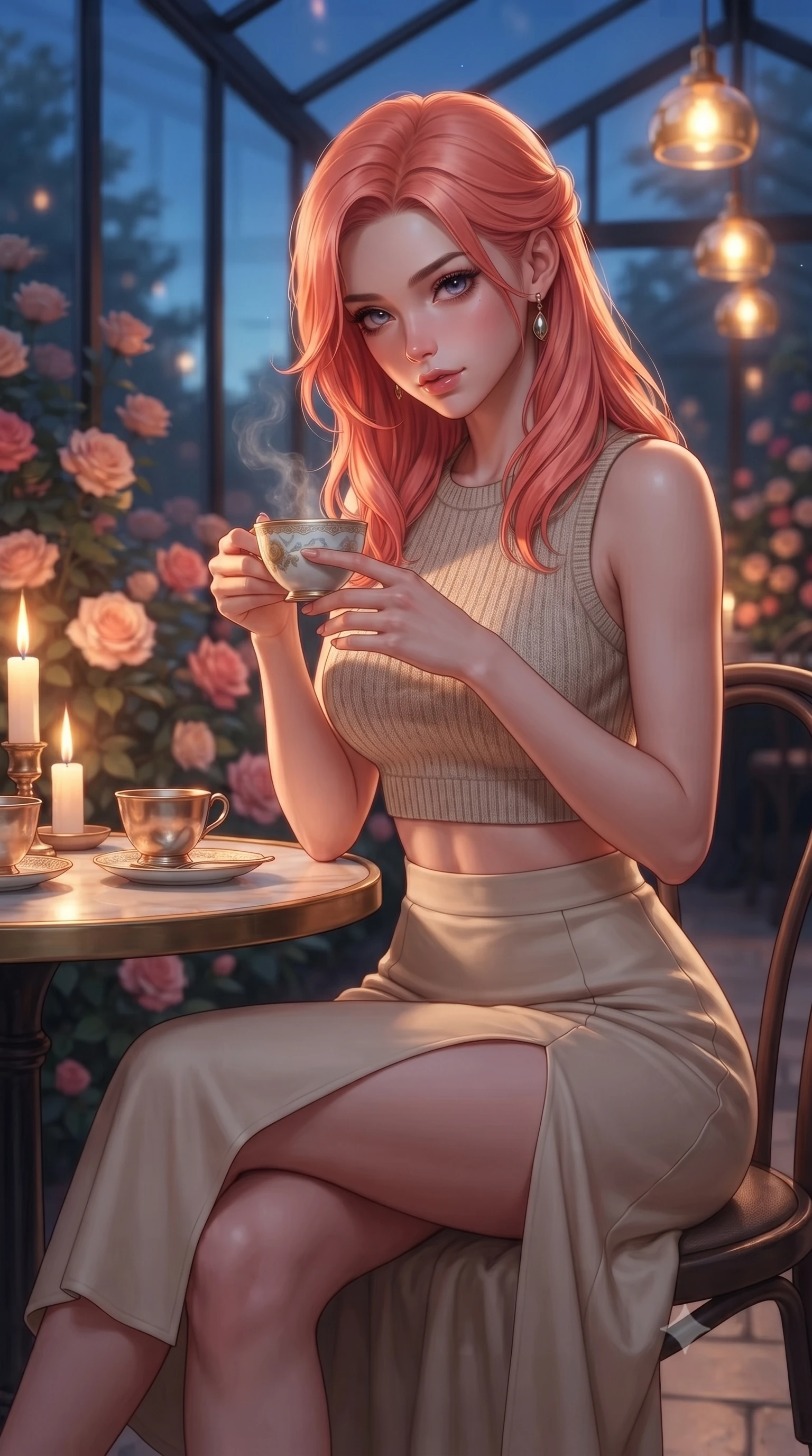 score_9, masterpiece, best quality, ultra-detailed, high-budget anime keyframe, editorial fashion photography, tasteful artistic composition, Japanese woman. close-up cowboy shot from the waist and thighs up, the character dominates the composition, filling the frame with her large presence, background elements kept in soft focus. tilting her chin down slightly, looking up at the viewer with a deeply charming, smoldering gaze set against a soft-focus background of in a quiet corner table of a glass-walled garden cafe surrounded by roses holding a delicate ceramic cup of herbal tea with steam rising gently. She has an exceptionally elegant, slender, and willowy female figure with an ultra-slim waist, a gracefully sculpted slender torso, and a refined silhouette. sharp v-shaped jawline, high-bridge nose, intricate jewel-like eyes with depth, thick eyelashes, glossy lips with a natural sheen. wearing tailored crop top in oatmeal knit paired with a flowy midi skirt featuring a high side slit. soft candle glow and warm pendant lights clashing with the cool blue dusk sky. ultra-reflective glossy finish, specular highlights, metallic sheen, high-contrast stereoscopic depth, volumetric dynamic lighting, 2k, ultra detail, master piece, 9:16 ratio