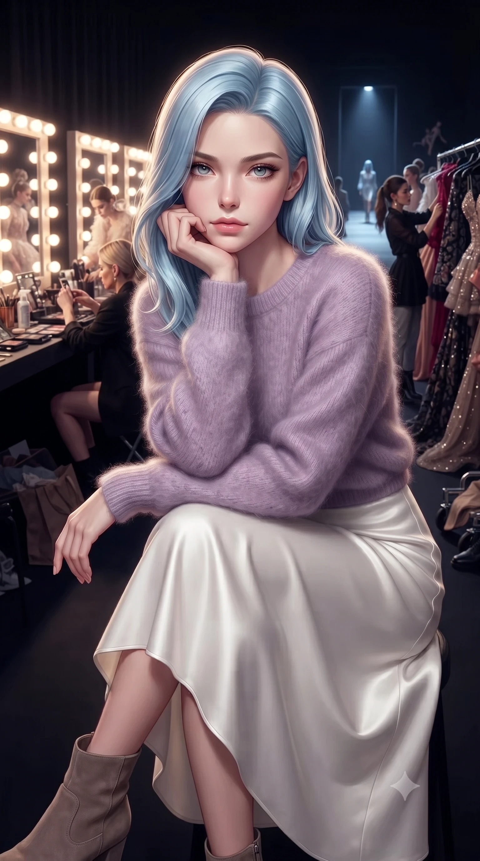 score_9, masterpiece, best quality, ultra-detailed, high-budget anime keyframe, editorial fashion photography, tasteful artistic composition, Korean woman. close-up cowboy shot from the waist and thighs up, the character dominates the composition, filling the frame with her large presence, background elements kept in soft focus. Resting her chin on the backs of her fingers in a confident pose. set against a soft-focus background of the electrifying chaos backstage at a haute couture fashion show with Hollywood makeup mirrors surrounded by bulbs garment racks of extraordinary outfits models in final preparation and the runway entrance glowing ahead. She has an exceptionally elegant and slender, willowy female figure with an ultra-slim waist, a gracefully sculpted slender torso, and a refined slim physique. sharp v-shaped jawline, high-bridge nose, intricate jewel-like eyes with depth, thick eyelashes, glossy lips with a natural sheen. wearing a soft lavender mohair knit sweater paired with a flowing white satin midi skirt and taupe ankle boots. bright warm Hollywood vanity mirror lighting creating glamorous flat illumination with dramatic contrast between the bright backstage prep area and the dark mysterious runway entrance. 2k, ultra detail, master piece, 9:16 ratio