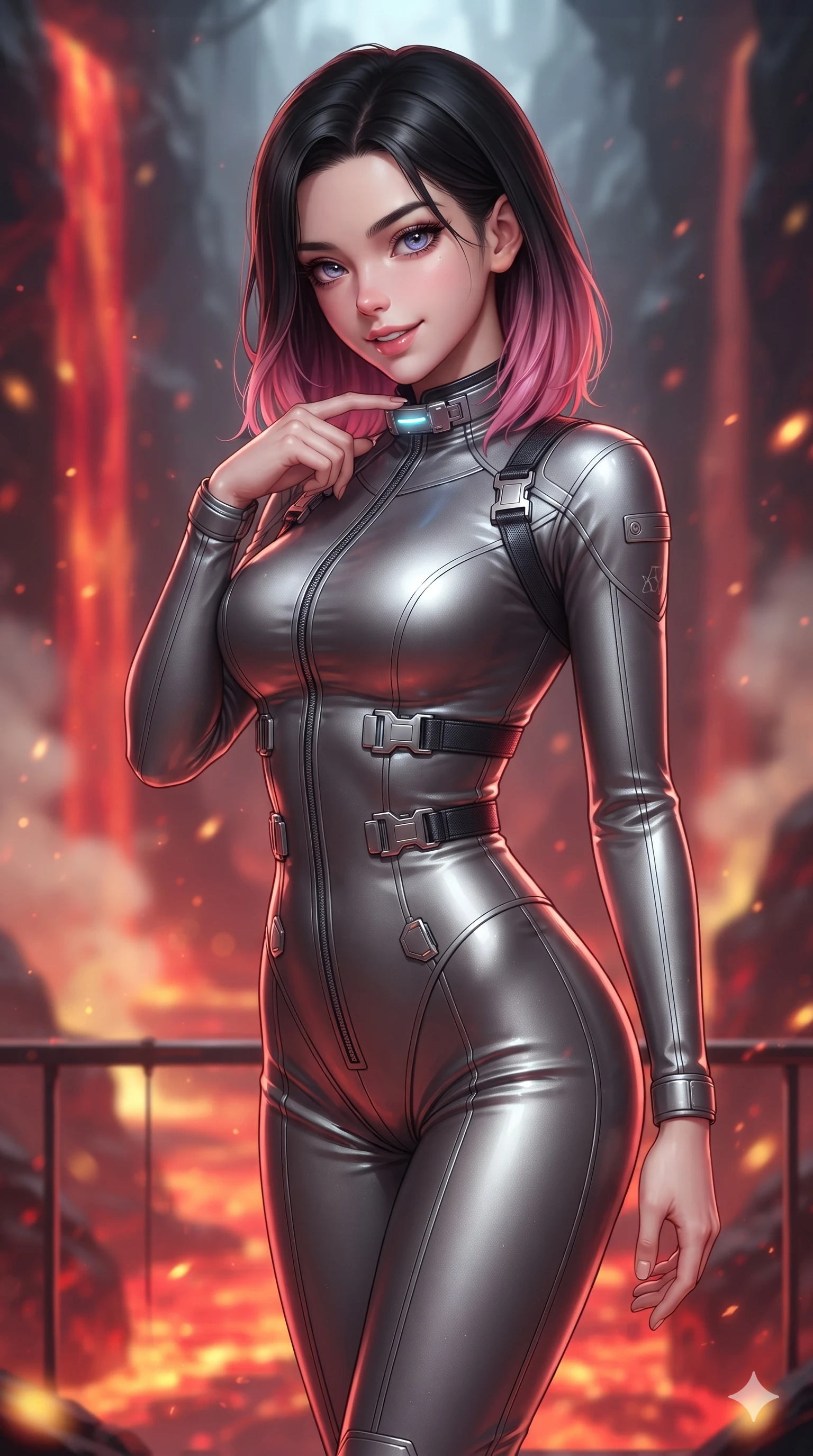 score_9, masterpiece, best quality, ultra-detailed, high-budget anime keyframe, editorial fashion photography, tasteful artistic composition, Korean woman. close-up cowboy shot from the waist and thighs up, the character dominates the composition, filling the frame with her large presence. tilting her head with a teasing half-smile, running one finger slowly along her glowing comm-link collar in a flirtatious gesture while standing poised on the suspended titanium gantry high above a subterranean lava river, arching her back with sovereign grace as liquid magma cascades into the void below. The background shows a soft-focus cascading subterranean magma waterfalls, rising sulfur steam plumes, and glowing ember motes blurred into crimson, vermilion, and gold bokeh. She has an exceptionally elegant, slender, and willowy female figure with an ultra-slim waist, flat toned midriff, narrow ribcage, and sculpted feminine hips creating an alluring, slim hourglass silhouette without bulk. sharp v-shaped jawline, high-bridge nose, intricate jewel-like sparkling eyes with depth, thick eyelashes, glossy parted lips with a natural sheen, bright confident smile with an enchanting and coquettish sensual glint, exuding both youthful magnetic charm and sovereign high-tech allure, flawlessly proportioned anatomical accuracy, strict slender model proportions, natural body alignment, perfectly sculpted long slender limbs, ultra-slim waistline, clean dynamic posture without body distortion. wearing a form-fitting zero-gravity EVA jumpsuit with an ultra-slim corseted waist and exposed clavicle line in metallic graphite and starlight platinum, crafted from lightweight aerodynamic matte carbon-fiber weave with structural stiffness, finished with polished chrome buckle hardware and modular magnetic holster clasps, the form-fitting tactical tailoring adhering flawlessly to her sculpted flat midriff and slender torso, emphasizing her long leg lines and perfectly proportioned willowy build. illuminated by magma surface bounce and sharp crimson-gold rim lights defining her razor-sharp jawline, narrow waist, and curvy hips. ultra-reflective glossy finish, specular highlights, rich textural contrasts, high-contrast stereoscopic depth, volumetric dynamic lighting, 2k, ultra detail, master piece, 9:16 ratio