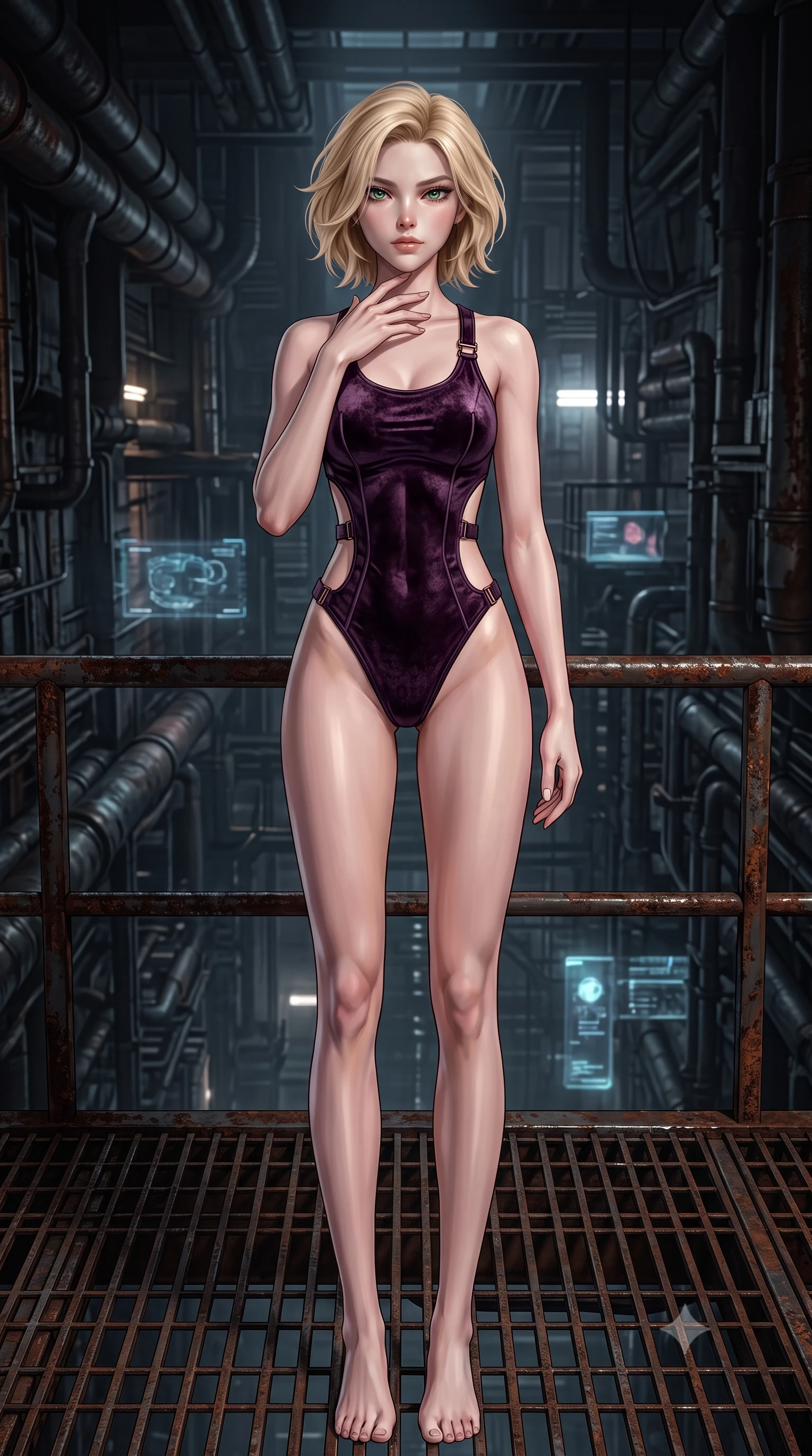 score_9, masterpiece, best quality, ultra-detailed, high-budget anime keyframe, semi-realistic 3D game render, editorial fashion photography, tasteful artistic composition, Caucasian woman. close-up cowboy shot from the waist and thighs up, the character dominates the composition, filling the frame with her large presence. resting her fingers lightly against her throat while looking down with a smoldering, haughty yet intensely captivating glance while standing with commanding dangerous allure on a rusted metal grating suspended above a dark factory abyss. The surrounding environment is rendered in vivid detail and crisp panoramic clarity. high-contrast industrial chiaroscuro and raw cyberpunk factory textures rendered in panoramic precision. She has an exceptionally elegant, slender, and willowy female figure with an ultra-slim waist, a gracefully sculpted slender torso, toned flat midriff, and a refined slim silhouette. sharp v-shaped jawline, high-bridge nose, intricate jewel-like eyes with depth, thick eyelashes, glossy lips with a natural sheen, flawlessly proportioned anatomical accuracy, strict slender model proportions, natural body alignment, perfectly sculpted long slender limbs, ultra-slim waistline, clean dynamic posture without body distortion. wearing an ultra-sleek high-cut vinyl bodysuit with front contour paneling, exposed side-rib cutouts, and an open back in dark plum purple and antique bronze hardware, made of rich crushed velvet that catches deep directional light with soft gradients, complemented by criss-cross back straps highlighting her completely bare spine, the form-contouring material adhering flawlessly to her sculpted flat midriff and slender torso, emphasizing her long leg lines and perfectly proportioned willowy build. surrounded by a gritty, rebellious, and fiercely provocative cyber-underworld queen aura. rich saturated anime colors with deep moody shadows, detailed chiaroscuro shading with soft gradients, rich glossy textures, high-contrast stereoscopic depth, volumetric dynamic shadow lighting, master piece, 9:16 ratio