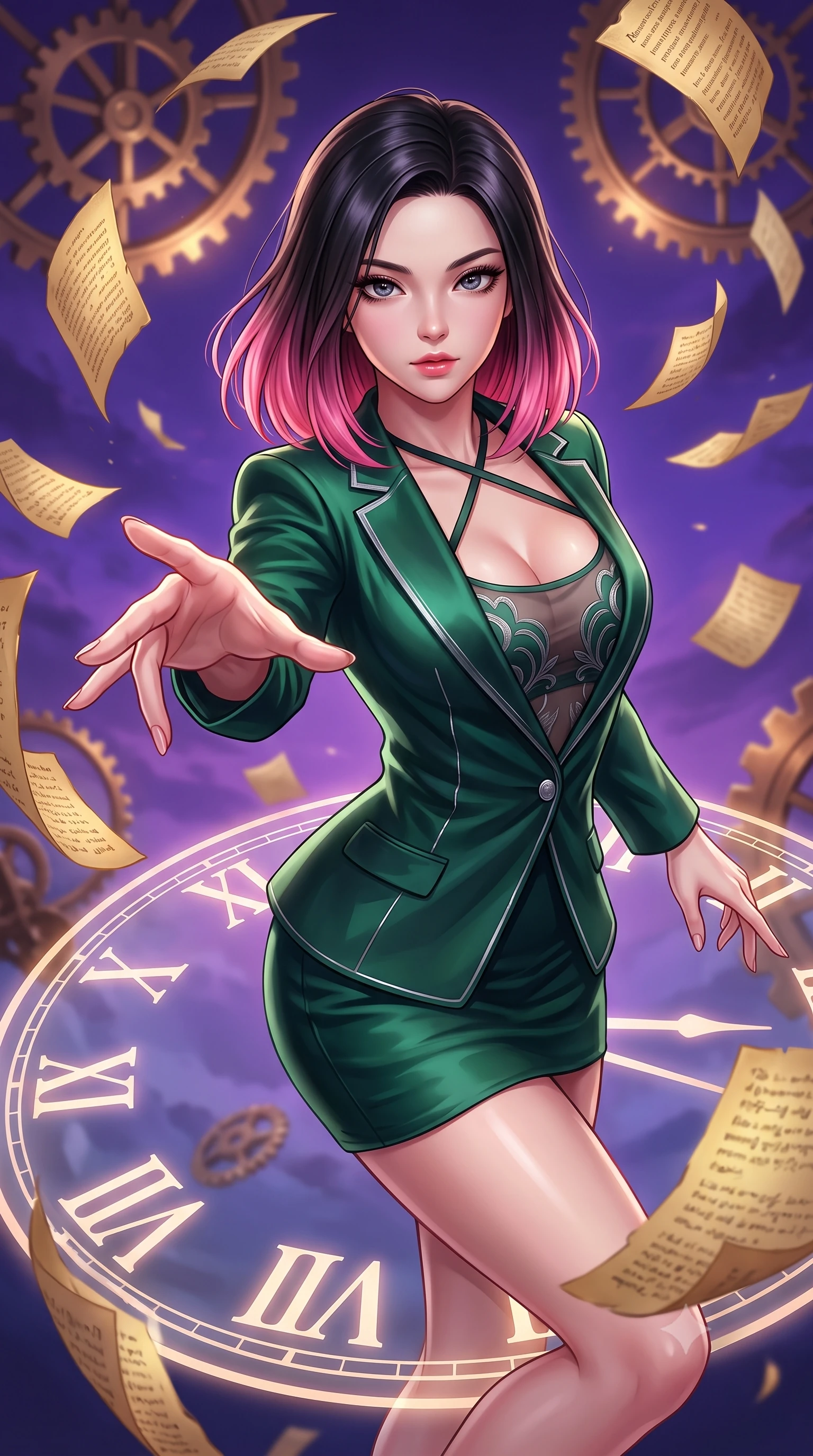 score_9, masterpiece, best quality, ultra-detailed, high-budget anime keyframe, editorial fashion photography, tasteful artistic composition, Korean woman. close-up cowboy shot from the waist and thighs up, the character dominates the composition, filling the frame with her large presence, background elements kept in soft focus. Reaching her hand gracefully toward the camera with magnetic allure, her torso turning in a dynamic S-curve alignment while balancing dynamically on a giant translucent Roman numeral clock dial in mid-air, golden paper manuscript pages fluttering around her in a dynamic tempest breeze. She has an exceptionally elegant, slender, and willowy female figure with an ultra-slim waist, a gracefully sculpted slender torso, and a refined silhouette. sharp v-shaped jawline, high-bridge nose, intricate jewel-like eyes with depth, thick eyelashes, glossy lips with a natural sheen, flawlessly proportioned anatomical accuracy, natural body alignment, perfectly sculpted elegant limbs, clean dynamic posture without body distortion. wearing a tailored silk blazer over a form-contouring scoop-neck top and slacks in deep emerald green and silver accent, woven from fine semi-opaque sheer organza, complemented by criss-cross back straps highlighting her bare shoulders, the tailored fabric tightly following every curve of her athletic build. surrounded by a contrast of deep violet sky and radiant bronze mechanical light. highly saturated vibrant anime colors, detailed shading with soft gradients, rich glossy textures, high-contrast stereoscopic depth, volumetric dynamic lighting, master piece, 9:16 ratio