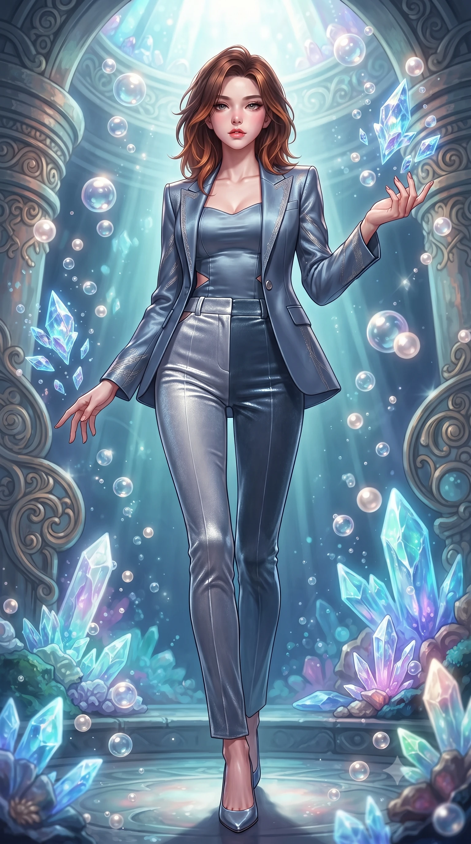 score_9, masterpiece, best quality, ultra-detailed, high-budget anime keyframe, editorial fashion photography, tasteful artistic composition, Korean woman. low angle full-body shot from head to toe showing her feet, filling the entire 9:16 vertical frame with her statuesque presence, stretching her vertical silhouette. interacting gracefully with the magical floating elements while maintaining a confident posture standing beside a pearl archive sanctuary filled with glowing sea crystals, rising bioluminescent bubbles casting soft pearl-like highlights. She has an absolutely perfect, statuesque 8.5-heads proportion, an exceptionally tall and slender model-like female figure with impossibly long slender legs and an ultra-slim waist. sharp v-shaped jawline, high-bridge nose, intricate jewel-like eyes with depth, thick eyelashes, glossy lips with a natural sheen. wearing a tailored silk blazer over a form-contouring top and fitted slacks in slate blue and metallic silver, made of premium stretch velvet with a rich sheen, featuring subtle geometric cutouts that highlight her ultra-slim midriff, the elegant draped fit framing her graceful clavicle and slender torso. surrounded by a shimmering ocean aura with bright pearl-white rim lights. highly saturated vibrant anime colors, detailed shading with soft gradients, rich glossy textures, high-contrast stereoscopic depth, volumetric dynamic lighting, master piece, 9:16 ratio